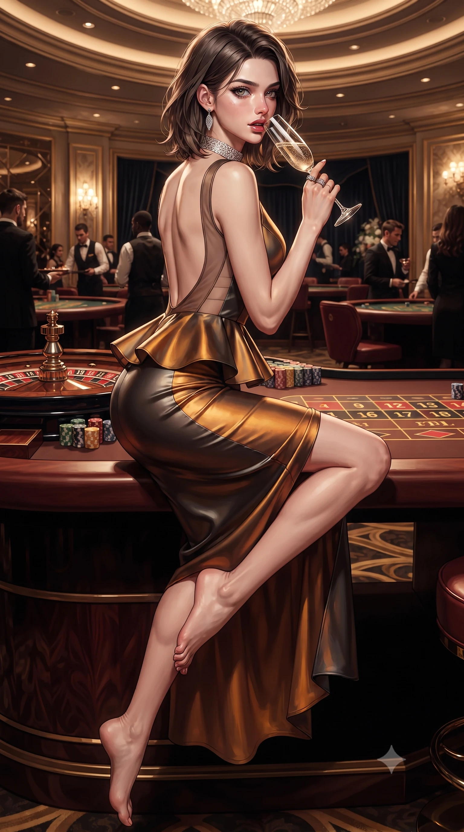 score_9, masterpiece, best quality, ultra-detailed, high-budget anime keyframe, editorial fashion photography, tasteful artistic composition, Korean woman. low angle full-body shot from head to toe showing her feet, filling the entire 9:16 vertical frame with her statuesque presence, stretching her vertical silhouette. sitting perched on the elevated edge with hips angled toward the camera and legs crossed, displaying her toned midriff and flawlessly sculpted slender limbs while perching on the rim of a luxury mahogany roulette table with legs crossed, arching her lower back while holding a crystal champagne flute to her lips. The surrounding environment is rendered in vivid detail and crisp panoramic clarity. rich high-contrast French Riviera chiaroscuro and ultra-luxury jet-set elegance rendered with precision. She has an absolutely perfect, statuesque 8.5-heads proportion, an exceptionally tall and slender model-like female figure with impossibly long slender legs, a toned flat midriff, an ultra-slim waist, and beautifully sculpted feminine hips. sharp v-shaped jawline, high-bridge nose, intricate jewel-like eyes with depth, thick eyelashes, glossy parted lips with a natural sheen, intensely captivating and seductive bedroom-eyes expression, flawlessly proportioned anatomical accuracy, strict slender model proportions, natural body alignment, perfectly sculpted long slender limbs, ultra-slim waistline, clean dynamic posture without body distortion. wearing a structural geometric peplum gown with sheer side-ribbon cutouts and form-fitting skirt in molten amber-gold and dark gunmetal, tailored from ultra-smooth duchess satin with a pearlescent sheen, complemented by a bold geometric diamond choker and glittering cocktail ring, the dramatically scooped open back descending to the base of her spine, accentuating her razor-sharp statuesque lines and curvy hourglass silhouette. surrounded by an elite, intoxicating, and irresistibly glamorous Monte Carlo heiress aura. ultra-reflective glossy finish, specular highlights, rich textural contrasts, high-contrast stereoscopic depth, volumetric dynamic lighting, 2k, ultra detail, master piece, 9:16 ratio