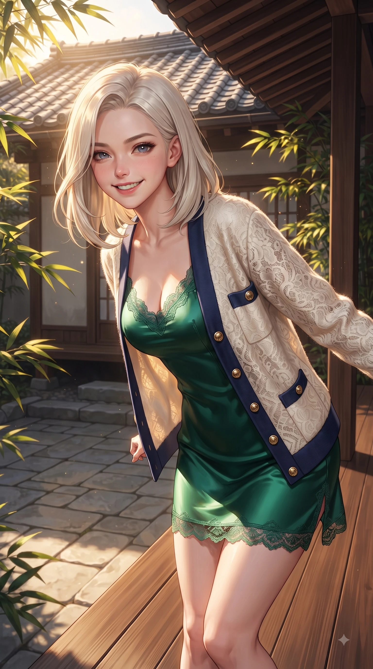 score_9, masterpiece, best quality, ultra-detailed, high-budget anime keyframe, editorial fashion photography, tasteful artistic composition, Caucasian woman. close-up cowboy shot from the waist and thighs up, the character dominates the composition, filling the frame with her large presence. Playful cute grin with eyes crinkling in pure girlhood delight, leaning forward with adorable energy while pivoting near traditional clay tile roofs as golden sunbeams filter through bamboo leaves. The surrounding environment is rendered in vivid detail and crisp panoramic clarity. polished wooden veranda grain, stone courtyard paving, and sunlit bamboo leaves in deep focus. She has an exceptionally elegant, slender, and willowy female figure with an ultra-slim waist, a gracefully sculpted slender torso, and a refined silhouette. sharp v-shaped jawline, high-bridge nose, intricate jewel-like eyes with depth, thick eyelashes, glossy lips with a natural sheen, flawlessly proportioned anatomical accuracy, natural body alignment, perfectly sculpted elegant limbs, clean dynamic posture without body distortion. wearing a rich emerald green satin slip dress layered under a plush cream cardigan in royal navy blue and pure ivory, made of fine lace weave and soft satin jersey, finished with gold metallic hardware buttons along the front, the sleek second-skin fit accentuating her magnetic presence. illuminated by warm golden sunlight reflecting off polished wooden verandas. ultra-reflective glossy finish, specular highlights, metallic sheen, high-contrast stereoscopic depth, volumetric dynamic lighting, 2k, ultra detail, master piece, 9:16 ratio