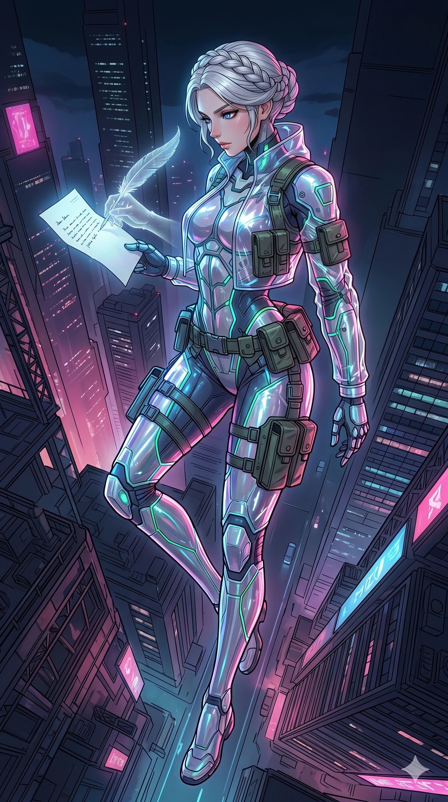 score_9, masterpiece, best quality, ultra-detailed, high-budget anime movie keyframe, cinematic anime lighting, intricate line art, Japanese woman. Dynamic full-body shot stretching the vertical silhouette with extreme perspective. staring at a letter that is being written by a ghostly hand. She has an absolutely perfect 8-heads proportion, an exceptionally tall and slender female figure with an ultra-slim waist and impossibly long slender legs. strictly human anatomy, two legs only, no extra limbs, clearly defined legs and arms, perfect anatomy, perfect hands and fingers. sharp v-shaped jawline, high-bridge nose, intricate jewel-like eyes, thick eyelashes, glossy lips. Wearing Tech-Fantasy: Cybernetic tech-suit with glowing seams, translucent PVC over leotard, and modular tactical gear. The scene is illuminated by dramatic atmospheric lighting and vibrant color palettes. , 2k, ultra detail, master piece, 9:16 ratio