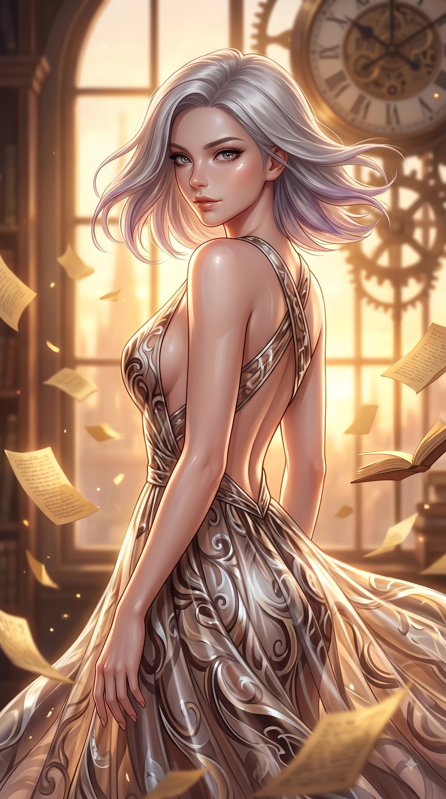 score_9, masterpiece, best quality, ultra-detailed, high-budget anime keyframe, editorial fashion photography, tasteful artistic composition, Caucasian woman. close-up cowboy shot from the waist and thighs up, the character dominates the composition, filling the frame with her large presence, background elements kept in soft focus. Casting a seductive sidelong gaze over her bare shoulder with heavy lashes and a composed half-smile while pivoting in a dynamic profile pose as twilight amber light streams through the massive window, golden paper pages fluttering gently around her in a magical twilight breeze. She has an exceptionally elegant, slender, and willowy female figure with an ultra-slim waist, a gracefully sculpted slender torso, and a refined silhouette. sharp v-shaped jawline, high-bridge nose, intricate jewel-like eyes with depth, thick eyelashes, glossy lips with a natural sheen, flawlessly proportioned anatomical accuracy, natural body alignment, perfectly sculpted elegant limbs, clean dynamic posture without body distortion. wearing a translucent iridescent chiffon gown with a plunging neckline and open back in espresso brown and warm cream, woven from fine semi-opaque sheer organza, complemented by criss-cross back straps highlighting her bare shoulders, the glove-like fit emphasizing her statuesque silhouette during motion. illuminated by a brilliant golden hour glow filtering through clockwork dials. ultra-reflective glossy finish, specular highlights, metallic sheen, high-contrast stereoscopic depth, volumetric dynamic lighting, 2k, ultra detail, master piece, 9:16 ratio