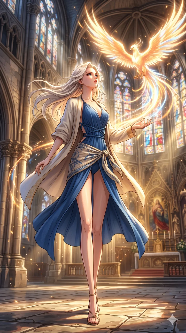 score_9, masterpiece, best quality, ultra-detailed, High-budget Anime Keyframe, beautiful Caucasian anime girl (strictly human ears). Dynamic full-body shot stretching the vertical silhouette with her statuesque presence. Summoning a phoenix made of light in a sunlit cathedral with golden dust motes. She has an absolutely perfect 8-heads proportion, an exceptionally tall and slender female figure with impossibly long slender legs and an ultra-slim waist. Sharp v-shaped jawline, high-bridge nose, intricate jewel-like eyes with depth, thick eyelashes, glossy lips with a natural sheen. Wearing a Seasonal/Resort outfit: sapphire linen sundress with tie-back, high-cut one-piece with sarong, cashmere turtleneck with wrap coat. Background is a bright and colorful environment with cinematic lighting, dynamic particle effects, and high-contrast shadows. 2k, ultra detail, master piece, 9:16 ratio