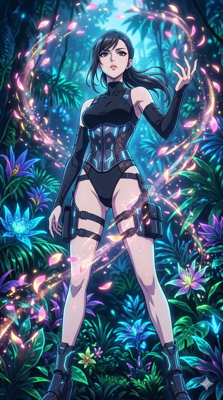 score_9, masterpiece, best quality, ultra-detailed, High-budget Anime Keyframe, vibrant colors, fluid line-art, expressive lighting, cinematic composition, Ufotable-style visual effects, top-tier animation quality, Japanese woman with delicate and elegant anime-inspired features. Low angle cowboy shot filling the entire 9:16 frame with her statuesque presence, looking up to emphasize her height. Summoning a flurry of glowing petals that swirl in a rhythmic dance. She has an absolutely perfect 8-heads proportion, an exceptionally tall and slender female figure with impossibly long slender legs and an ultra-slim waist, her statuesque height and towering silhouette dominating the vertical 9:16 frame. Her face is a masterpiece featuring a sharp v-shaped jawline, high-bridge nose, intricate jewel-like eyes with depth, thick eyelashes, and glossy lips with a natural sheen. She is wearing a Asymmetrical high-cut tech-bodysuit with detached sleeves, chrome-plated corset over sheer lace, and neon-lit tactical gear with suggestive cutouts.. The scene is set in a bioluminescent jungle where every leaf and flower glows with a unique frequency. 2k, ultra detail, master piece, 9:16 ratio