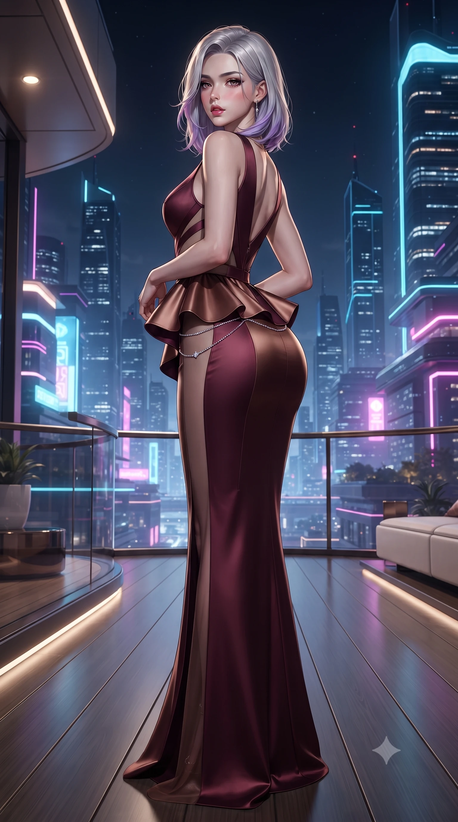 score_9, masterpiece, best quality, ultra-detailed, high-budget anime keyframe, editorial fashion photography, tasteful artistic composition, Caucasian woman. low angle full-body shot from head to toe showing her feet, filling the entire 9:16 vertical frame with her statuesque presence, stretching her vertical silhouette. posing with back turned slightly to the lens, glancing back with smoldering allure as she arches her lower back to emphasize her sculpted feminine hips and slender waist while pivoting gracefully on the polished balcony deck with hips shifted in a pronounced contrapposto stance, parted glossy lips reflecting city neon. The surrounding environment is rendered in vivid detail and crisp panoramic clarity. sleek modern luxury chiaroscuro and futuristic skyline elegance rendered with environmental precision. She has an absolutely perfect, statuesque 8.5-heads proportion, an exceptionally tall and slender model-like female figure with impossibly long slender legs, a toned flat midriff, an ultra-slim waist, and beautifully sculpted feminine hips. sharp v-shaped jawline, high-bridge nose, intricate jewel-like eyes with depth, thick eyelashes, glossy parted lips with a natural sheen, intensely captivating and seductive bedroom-eyes expression, flawlessly proportioned anatomical accuracy, strict slender model proportions, natural body alignment, perfectly sculpted long slender limbs, ultra-slim waistline, clean dynamic posture without body distortion. wearing a structural geometric peplum gown with sheer side-ribbon cutouts and form-fitting skirt in rich wine burgundy and liquid bronze, tailored from ultra-smooth duchess satin with a pearlescent sheen, accented with a dainty diamond waist chain framing the curve of her hips, the second-skin form-contouring cut accentuating her sculpted flat midriff, narrow waistline, and dramatically curvy hips without adding bulk. illuminated by crisp directional edge lights sharply sculpting her slender waist and curvy feminine hips. ultra-reflective glossy finish, specular highlights, rich textural contrasts, high-contrast stereoscopic depth, volumetric dynamic lighting, 2k, ultra detail, master piece, 9:16 ratio