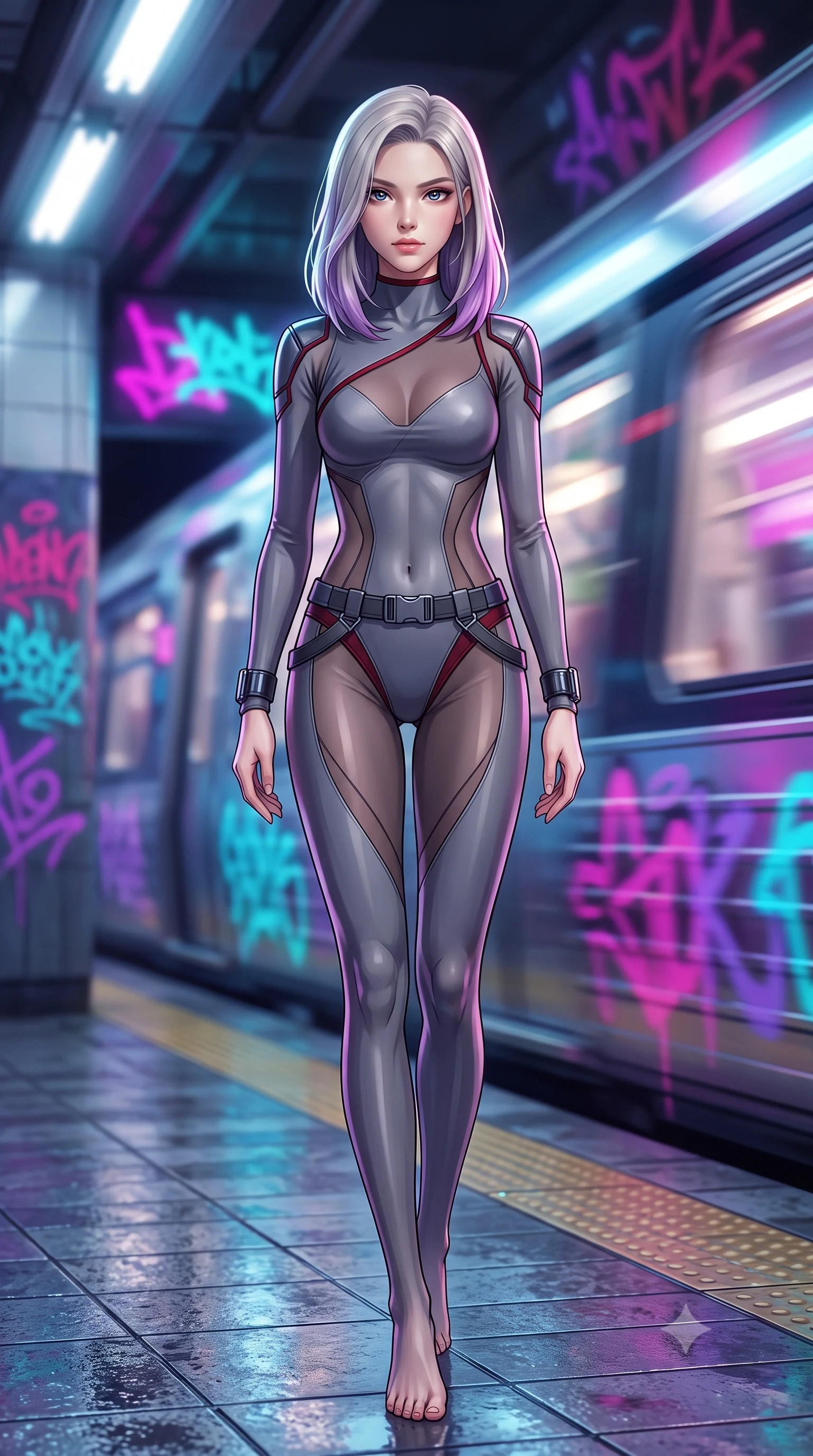 score_9, masterpiece, best quality, ultra-detailed, high-budget anime keyframe, semi-realistic 3D game render, editorial fashion photography, tasteful artistic composition, Caucasian woman. low angle full-body shot from head to toe showing her feet, filling the entire 9:16 vertical frame with her statuesque presence, stretching her vertical silhouette. striding forward in a proud, dynamic supermodel runway stride, her statuesque vertical silhouette commanding the entire frame while pivoting sharply on the wet tiled subway platform as an incoming neon-lit maglev train rushes past in a blur of light. The composition keeps background elements in soft focus with creamy bokeh. speeding maglev train motion blur and glowing neon graffiti tags blurred into vivid magenta, cyan, and violet bokeh. She has an absolutely perfect, statuesque 8.5-heads proportion, an exceptionally tall and slender model-like female figure with impossibly long slender legs, a toned flat midriff, and an ultra-slim waist. sharp v-shaped jawline, high-bridge nose, intricate jewel-like eyes with depth, thick eyelashes, glossy lips with a natural sheen, captivating and magnetic expression, flawlessly proportioned anatomical accuracy, strict slender model proportions, natural body alignment, perfectly sculpted long slender limbs, ultra-slim waistline, clean dynamic posture without body distortion. wearing a sharp asymmetrical spy bodysuit with sheer contouring mesh panels, reinforced strike shoulders, and utility waist harness in storm grey and dark scarlet trim, made of high-mobility liquid jersey and semi-opaque reinforced mesh, accented with concealed lockpick wristbands and polished dark chrome hardware edition #21, the form-contouring material adhering flawlessly to her sculpted flat midriff and slender torso, emphasizing her long leg lines and perfectly proportioned willowy build. illuminated by crisp specular highlights defining her toned flat midriff and athletic curves. highly saturated vibrant anime colors, detailed shading with soft gradients, rich glossy textures, high-contrast stereoscopic depth, volumetric dynamic lighting, master piece, 9:16 ratio