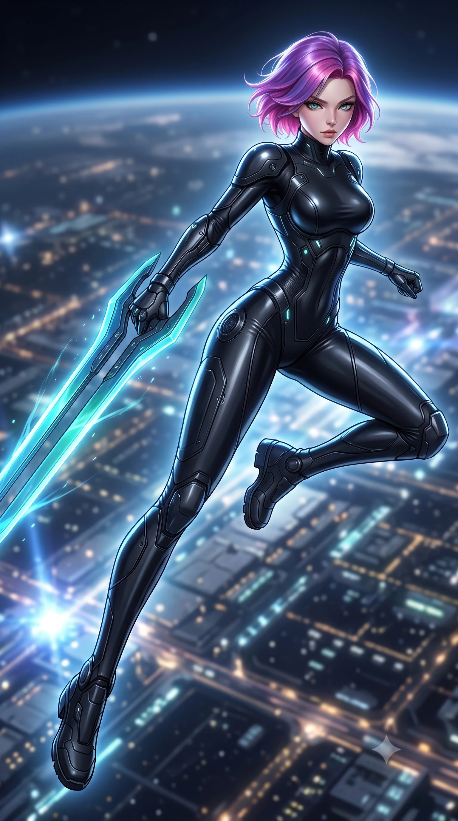 score_9, masterpiece, best quality, ultra-detailed, high-budget anime keyframe, editorial fashion photography, tasteful artistic composition, Caucasian woman. low angle full-body shot from head to toe showing her feet, filling the entire 9:16 vertical frame with her statuesque presence, stretching her vertical silhouette. leaping forward while slashing with a twin-bladed plasma sword in mid-air, her body-contouring suit showing her athletic silhouette, the background shows a soft-focus a panoramic star deck looking at the glittering grid of an orbital shipyard. She has an absolutely perfect, statuesque 8.5-heads proportion, an exceptionally tall and slender model-like female figure with impossibly long slender legs and an ultra-slim waist. sharp v-shaped jawline, high-bridge nose, intricate jewel-like eyes with depth, thick eyelashes, glossy lips with a natural sheen. wearing a body-hugging form-fitting cybernetic combat suit in matte black latex, tracing her willowy silhouette with a high neck. glittering blue and white orbital dock lights from below tracing her silhouette. highly saturated vibrant anime colors, detailed shading with soft gradients, rich glossy textures, high-contrast stereoscopic depth, volumetric dynamic lighting, master piece, 9:16 ratio