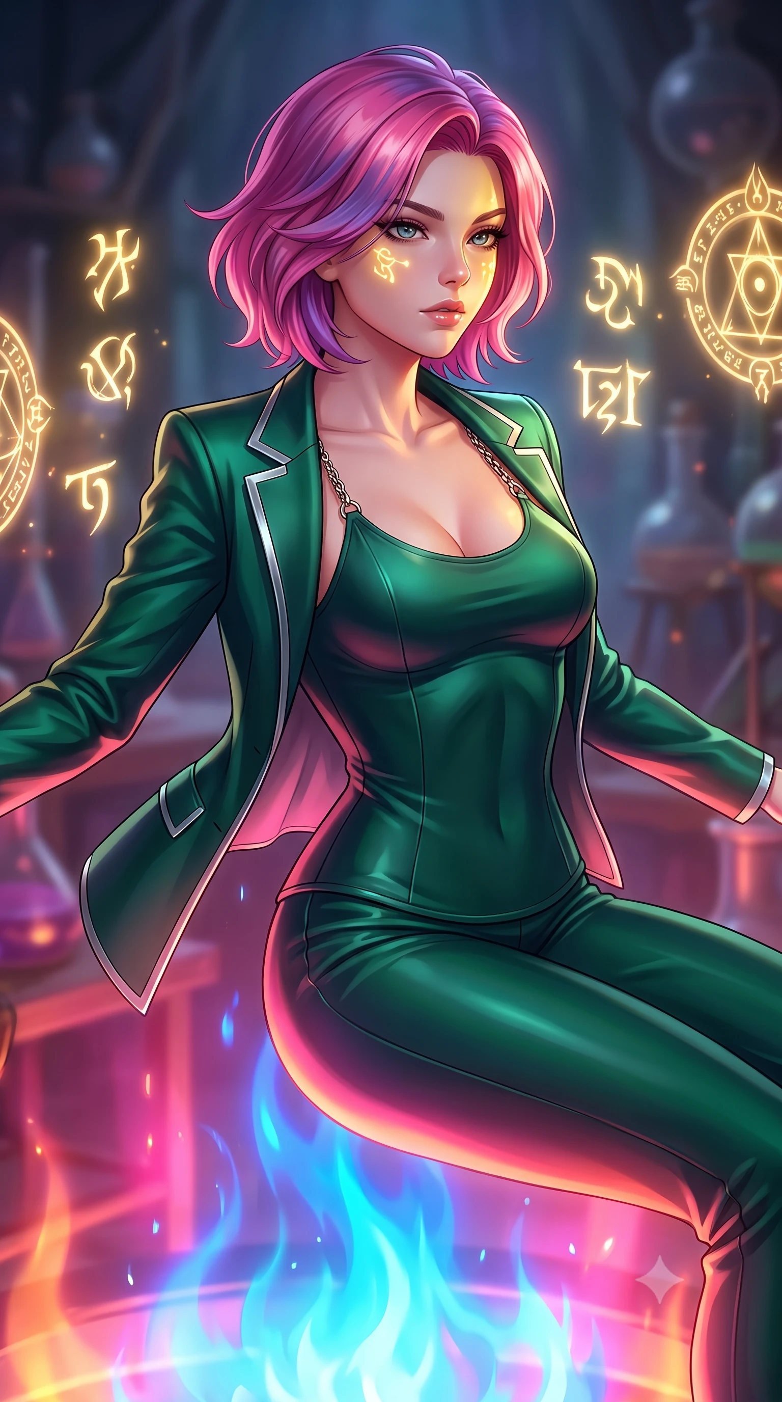score_9, masterpiece, best quality, ultra-detailed, high-budget anime keyframe, editorial fashion photography, tasteful artistic composition, Caucasian woman. close-up cowboy shot from the waist and thighs up, the character dominates the composition, filling the frame with her large presence, background elements kept in soft focus. Gazing past the lens with composed intensity as her torso curves dynamically in mid-motion while floating gracefully above a sapphire alchemy flame with her torso tilted dynamically, glowing alchemy runes hovering in mid-air, casting golden light on her face. She has an exceptionally elegant, slender, and willowy female figure with an ultra-slim waist, a gracefully sculpted slender torso, and a refined silhouette. sharp v-shaped jawline, high-bridge nose, intricate jewel-like eyes with depth, thick eyelashes, glossy lips with a natural sheen, flawlessly proportioned anatomical accuracy, natural body alignment, perfectly sculpted elegant limbs, clean dynamic posture without body distortion. wearing a tailored silk blazer over a form-contouring scoop-neck top and slacks in deep emerald green and silver accent, formed from sleek second-skin neoprene, adorned with delicate metallic chain straps along the neckline, the form-contouring material highlighting her ultra-slim waist and long lines. bathed in hot pink and orange furnace underlighting with sharp bronze speculars. highly saturated vibrant anime colors, detailed shading with soft gradients, rich glossy textures, high-contrast stereoscopic depth, volumetric dynamic lighting, master piece, 9:16 ratio