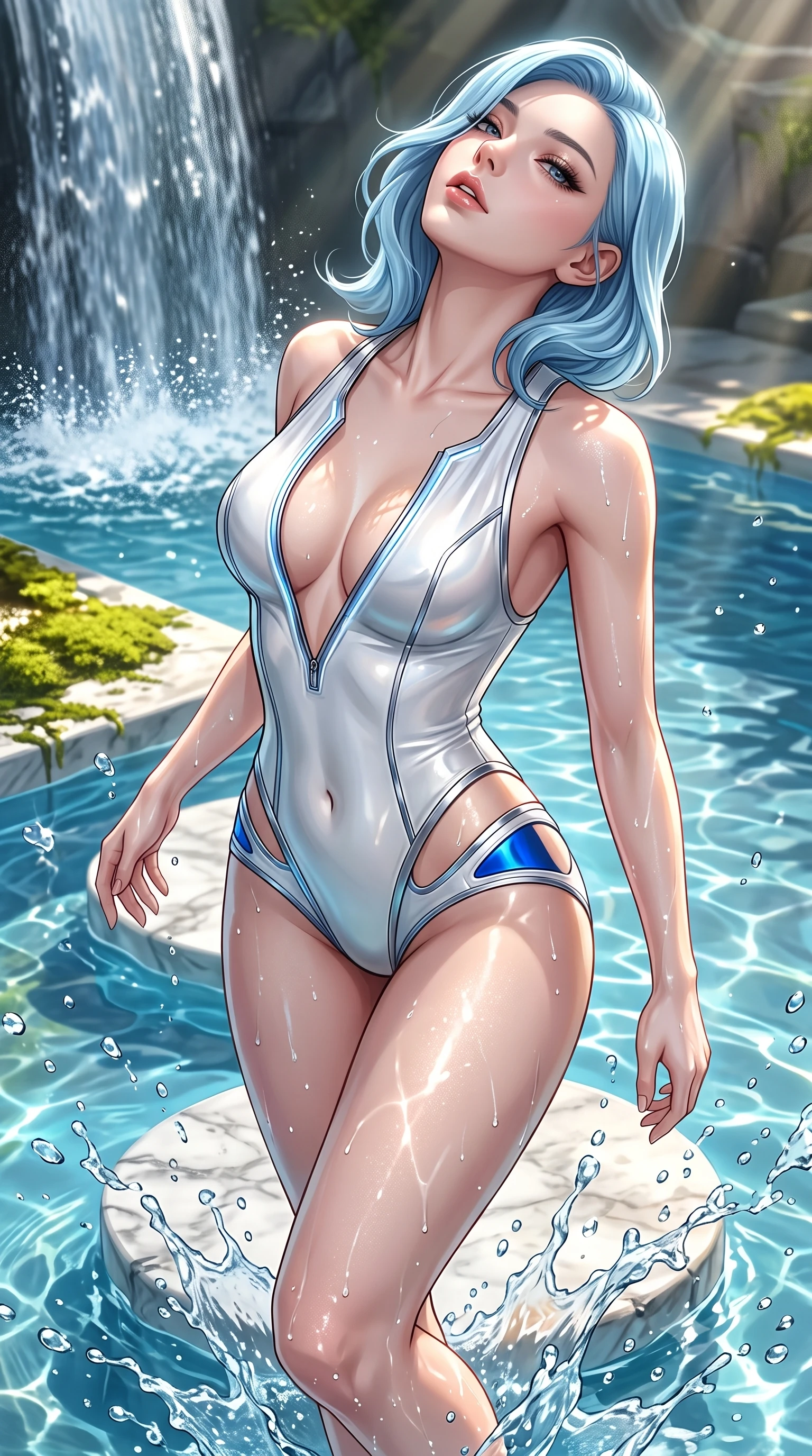 score_9, masterpiece, best quality, ultra-detailed, high-budget anime keyframe, semi-realistic 3D game render, editorial fashion photography, tasteful artistic composition, Korean woman. close-up cowboy shot from the waist and thighs up, the character dominates the composition, filling the frame with her large presence. tilting her head back with a sensual alluring expression, exposing her throat and shoulders to the camera with heavy lashes and softly parted glossy lips while pivoting dynamically on a submerged marble stepping stone as sunbeams penetrate the crystal pool. The surrounding environment is rendered in vivid detail and crisp panoramic clarity. sharp water droplet splashes, cascading waterfall spray textures, and sunlit moss in high resolution. She has an exceptionally elegant, slender, and willowy female figure with an ultra-slim waist, a gracefully sculpted slender torso, toned flat midriff, and a refined slim silhouette. sharp v-shaped jawline, high-bridge nose, intricate jewel-like eyes with depth, thick eyelashes, glossy lips with a natural sheen, flawlessly proportioned anatomical accuracy, strict slender model proportions, natural body alignment, perfectly sculpted long slender limbs, ultra-slim waistline, clean dynamic posture without body distortion. wearing a second-skin white liquid-mercury micro-bodysuit sculpted tightly to her slender build, featuring razor-thin metallic straps and hip cutouts in liquid electric cobalt blue and polished silver, made of liquid metal jersey that clings flawlessly to every contour of her build, featuring a dangerously unzipped neckline framed by glowing cybernetic accents, the form-contouring material adhering flawlessly to her sculpted flat midriff and slender torso, emphasizing her long leg lines and perfectly proportioned willowy build. illuminated by sparkling water droplet refractions and crisp white key lighting. highly saturated vibrant anime colors, detailed shading with soft gradients, rich glossy textures, high-contrast stereoscopic depth, volumetric dynamic lighting, master piece, 9:16 ratio