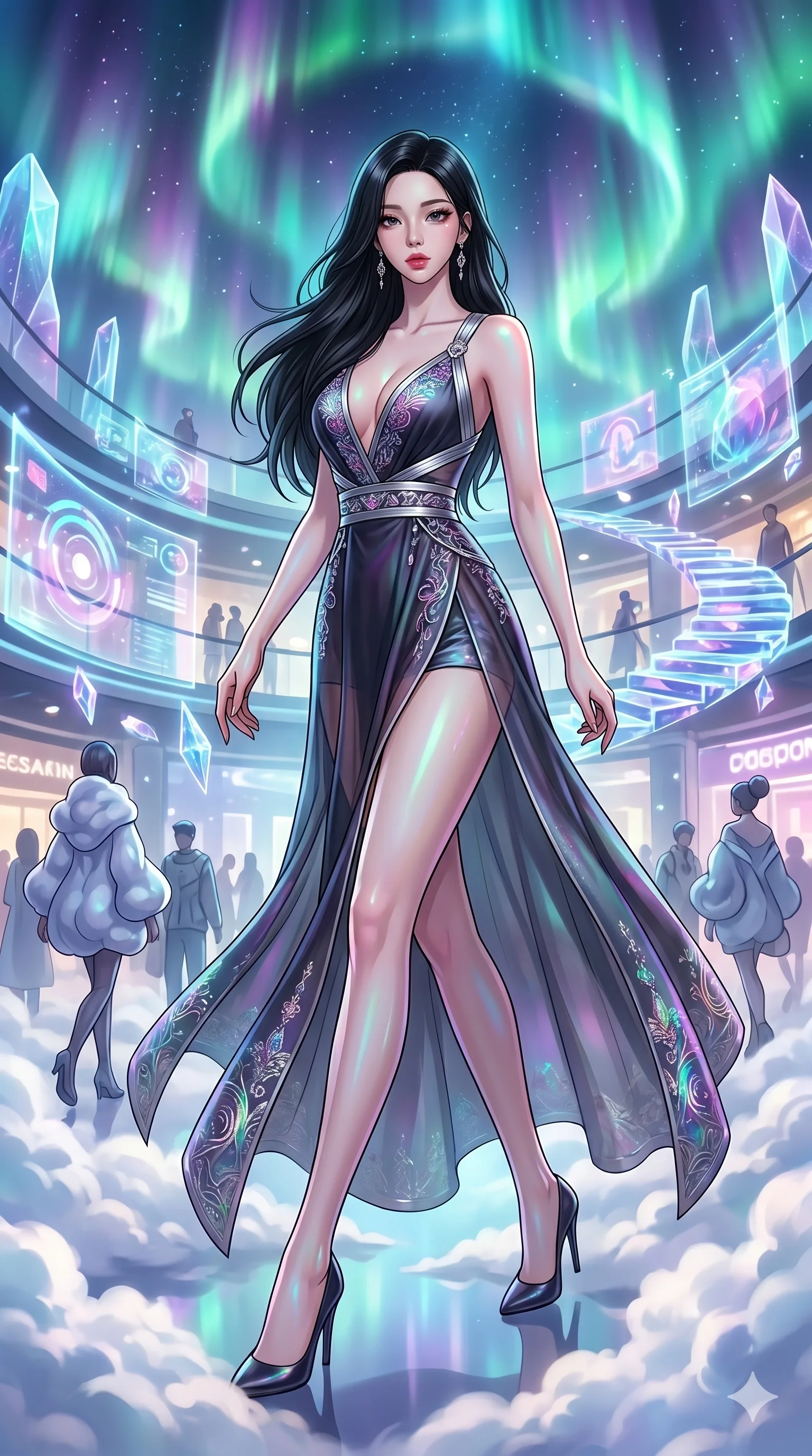 score_9, masterpiece, best quality, ultra-detailed, high-budget anime movie keyframe, cinematic anime lighting, intricate line art, Caucasian (strictly human ears) woman. Dynamic full-body shot stretching the vertical silhouette across the 9:16 frame. navigating a sea of clouds in a holographic shopping mall amidst aurora borealis. She has an absolutely perfect 8-heads proportion, an exceptionally tall and slender female figure with an ultra-slim waist and impossibly long slender legs. sharp v-shaped jawline, high-bridge nose, intricate jewel-like eyes, thick eyelashes, glossy lips. Wearing modernized deep-plunging silk hanbok-fusion with metallic straps, a high-slit sheer skirt over micro-shorts, and holographic embroidered patterns. The scene is illuminated by dramatic atmospheric lighting and vibrant color palettes. , 2k, ultra detail, master piece, 9:16 ratio