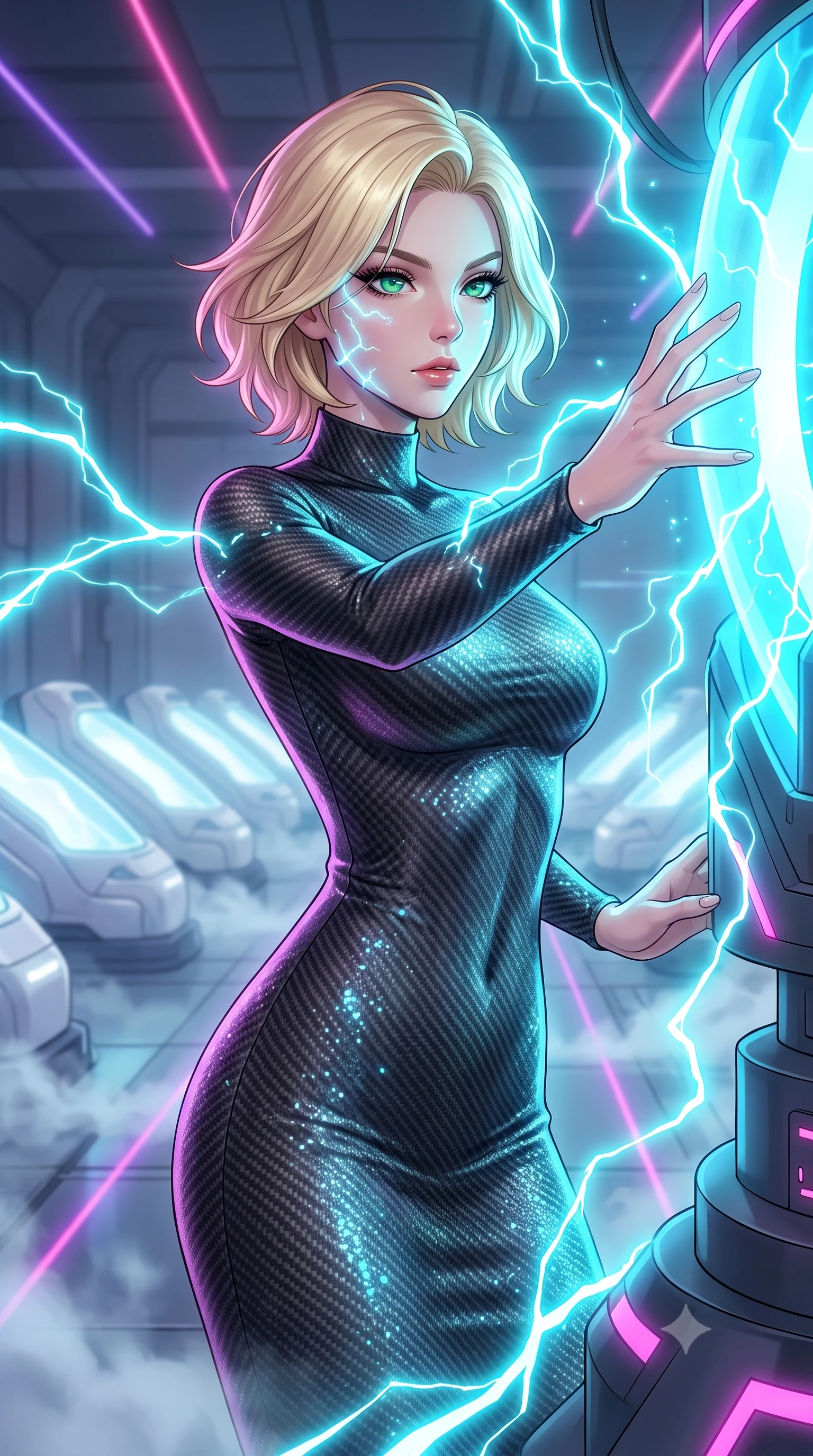 score_9, masterpiece, best quality, ultra-detailed, high-budget anime keyframe, editorial fashion photography, tasteful artistic composition, Caucasian woman, strictly human ears. close-up cowboy shot from the waist and thighs up, the character dominates the composition, filling the frame with her large presence, background elements kept in soft focus. Overloading the reactor core, her face illuminated by the bright cyan electrical energy arcing around her. set against a soft-focus background of a quiet bay filled with rows of glowing white cryo-sleep pods, cold mist venting onto the floor. She has an exceptionally elegant and slender, willowy female figure with an ultra-slim waist, a gracefully sculpted slender torso, and a refined slim physique. sharp v-shaped jawline, high-bridge nose, intricate jewel-like eyes with depth, thick eyelashes, glossy lips with a natural sheen. wearing catching and diffusing the glowing particles, shimmering softly in response to the surrounding light, a form-contouring sleek mock-neck bodycon midi dress in carbon-fiber print knit, contouring her slender torso and willowy silhouette. highly saturated vibrant anime colors, intense vivid color palette, soft 3D volumetric shading, volumetric dynamic lighting, laser lines of violet and hot pink reflecting off surfaces casting geometric neon highlights. 2k, ultra detail, master piece, 9:16 ratio