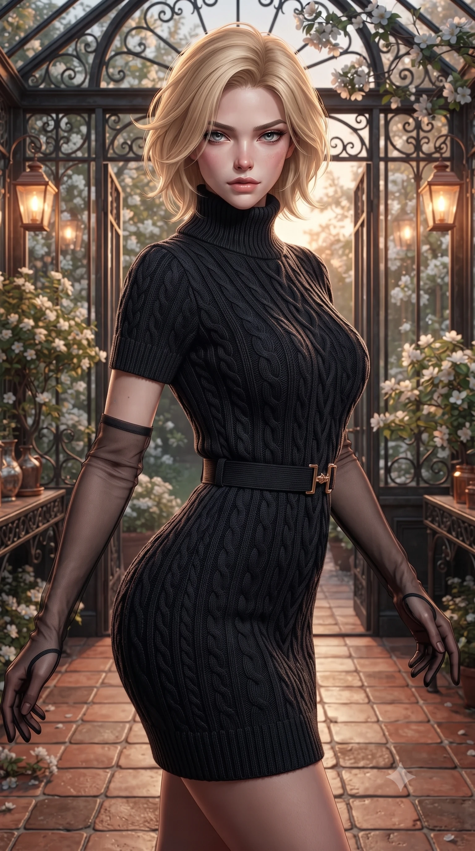score_9, masterpiece, best quality, ultra-detailed, high-budget anime keyframe, editorial fashion photography, tasteful artistic composition, Caucasian woman. close-up cowboy shot from the waist and thighs up, the character dominates the composition, filling the frame with her large presence. leaning forward while arching her lower back to accentuate her curvy hips, looking into the camera with an intoxicating smoldering gaze and bedroom-eyes while standing poised on the terracotta tile floor of the antique glass orangery surrounded by blooming jasmine and white apple blossoms, arching her spine with wet-look siren grace. The surrounding environment is rendered in vivid detail and crisp panoramic clarity: detailed garment tailoring, delicate trims, and rustic French aristocracy craft in razor-sharp precision. She has an exceptionally elegant, slender, and willowy female figure with an ultra-slim waist, flat toned midriff, narrow ribcage, and sculpted feminine hips creating an alluring, slim hourglass silhouette without bulk. sharp v-shaped jawline, high-bridge nose, intricate jewel-like sparkling eyes with depth, thick eyelashes, glossy parted lips with a natural peach sheen, bright cheerful beaming smile with an enchanting and coquettish sensual glint, exuding both youthful cute charm and seductive allure, flawlessly proportioned anatomical accuracy, strict slender model proportions, natural body alignment, perfectly sculpted long slender limbs, ultra-slim waistline, clean dynamic posture without body distortion. wearing an elegant high-collar Nordic merino wool cable-knit sweater dress with belted waistline in deep midnight obsidian black and champagne gold, crafted from bespoke double-faced cashmere with an exceptionally soft tactile finish, complemented by sheer opera-length evening gloves tracing her slender arms, the bespoke structured tailoring following the natural line of her 8.5-heads silhouette with refined elegance. bathed in the warm 2500K glow of hanging copper lantern sconces combined with silver moonlight through glass. ultra-reflective glossy finish, specular highlights, rich textural contrasts, high-contrast stereoscopic depth, volumetric dynamic lighting, 2k, ultra detail, master piece, 9:16 ratio