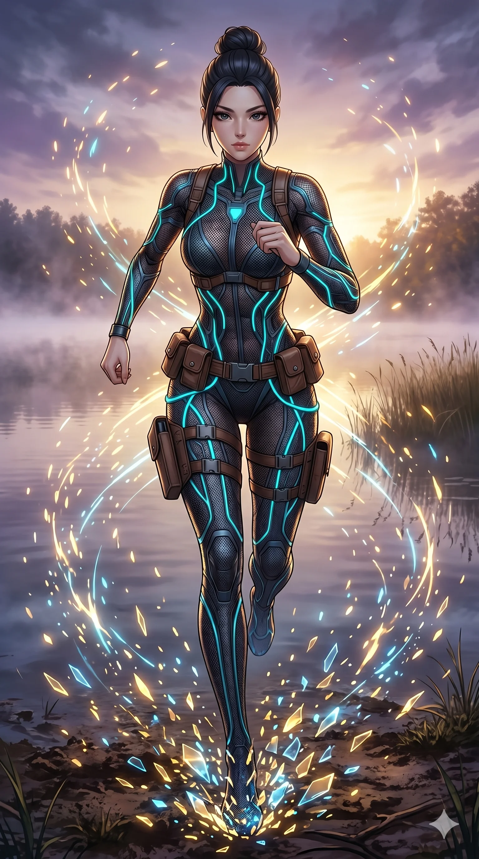 score_9, masterpiece, best quality, ultra-detailed, Set A: High-budget Anime Keyframe, Japanese woman. Low angle cowboy shot filling the entire 9:16 frame with her statuesque presence. Sprinting through a misty lakeside at dawn, as the ground beneath her turns into 261 shards of light and surrounded by glowing energy sparks. She has an absolutely perfect 8-heads proportion, an exceptionally tall and slender female figure with impossibly long slender legs and an ultra-slim waist. Sharp v-shaped jawline, high-bridge nose, intricate jewel-like eyes with depth, thick eyelashes, glossy lips with a natural sheen. Wearing Tactical mesh bodysuit with integrated glowing data-cables and leather pouches. Cinematic lighting, vibrant colors, dramatic shadows, 2k, ultra detail, master piece, 9:16 ratio