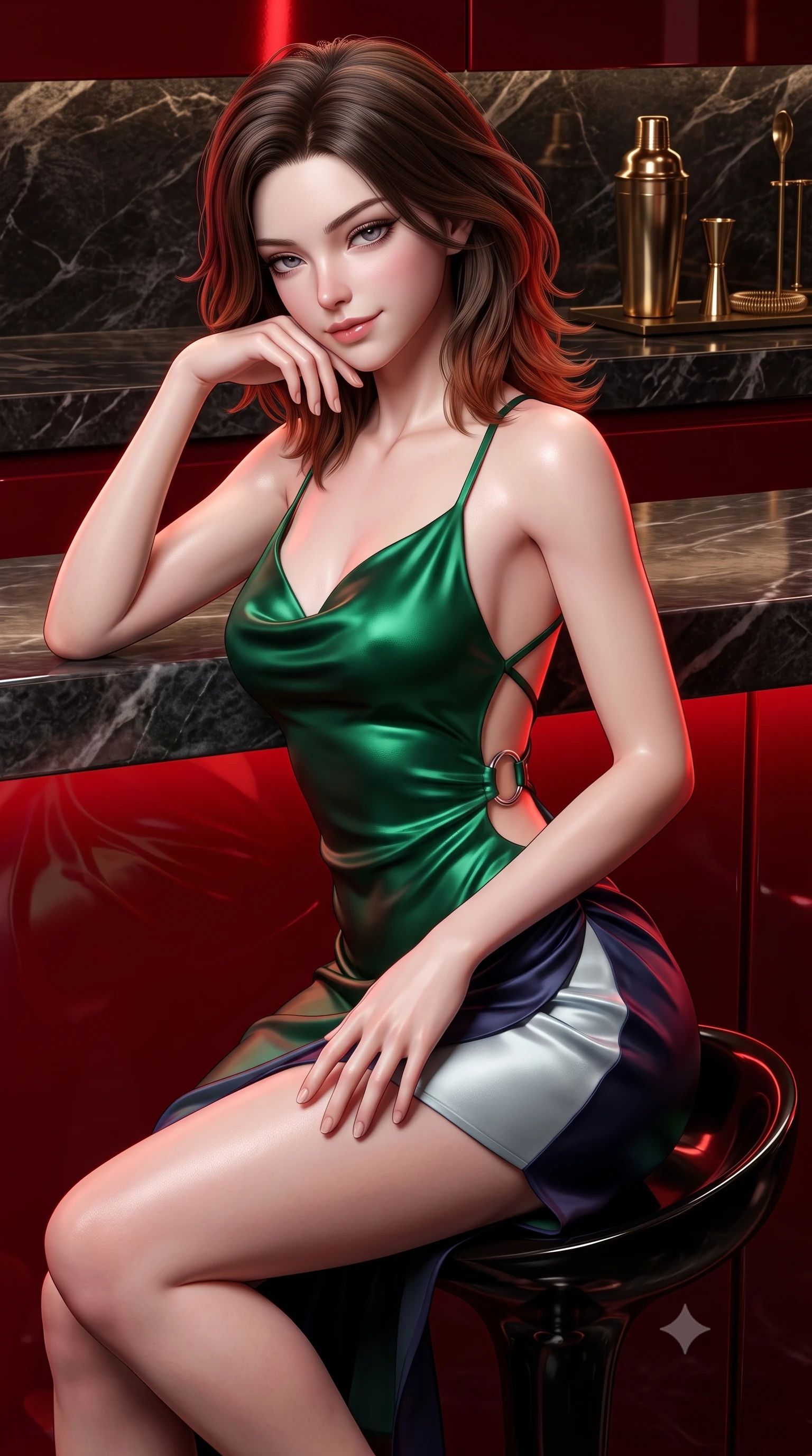 score_9, masterpiece, best quality, ultra-detailed, high-budget anime keyframe, semi-realistic 3D game render, editorial fashion photography, tasteful artistic composition, Korean woman. close-up cowboy shot from the waist and thighs up, the character dominates the composition, filling the frame with her large presence. resting one elbow on the marble balustrade while arching her spine with dancer poise, her dark bedroom-eyes casting a magnetic sidelong glance while sitting on a high glossy black stool beside a polished crimson lacquer partition, arching her lower back with a tantalizing, smoldering smile. The surrounding environment is rendered in vivid detail and crisp panoramic clarity. sharp glossy red lacquer reflections, dark polished marble grain, and brass cocktail shaker hardware in deep focus. She has an exceptionally elegant, slender, and willowy female figure with an ultra-slim waist, flat toned midriff, narrow ribcage, and sculpted feminine hips creating an alluring, slim hourglass silhouette without bulk. sharp v-shaped jawline, high-bridge nose, intricate jewel-like dark sparkling eyes with dangerous depth, thick curled eyelashes, glossy parted lips with a rich wine sheen, smoldering seductive half-smile with bedroom-eyes, exuding effortless superiority and intoxicating dark allure, flawlessly proportioned anatomical accuracy, strict slender model proportions, natural body alignment, perfectly sculpted long slender limbs, ultra-slim waistline, clean dynamic posture without body distortion. wearing a cowl-neck emerald green silk satin slip dress with criss-cross back straps and hip-accentuating drape in midnight indigo and icy platinum, tailored from fine lightweight midnight wool crepe with crisp architectural structure, accented with sculptural chrome hardware rings framing the subtle cutouts, the precision-cut side openings and low-back scoop framing her graceful spine and the sensual sweep of her slim, toned hips. illuminated by sharp specular highlights on skin and dark scarlet rim light sculpting her sculpted midriff, narrow waist, and curvy hips. highly saturated vibrant anime colors, detailed shading with soft gradients, rich glossy textures, high-contrast stereoscopic depth, volumetric dynamic lighting, master piece, 9:16 ratio