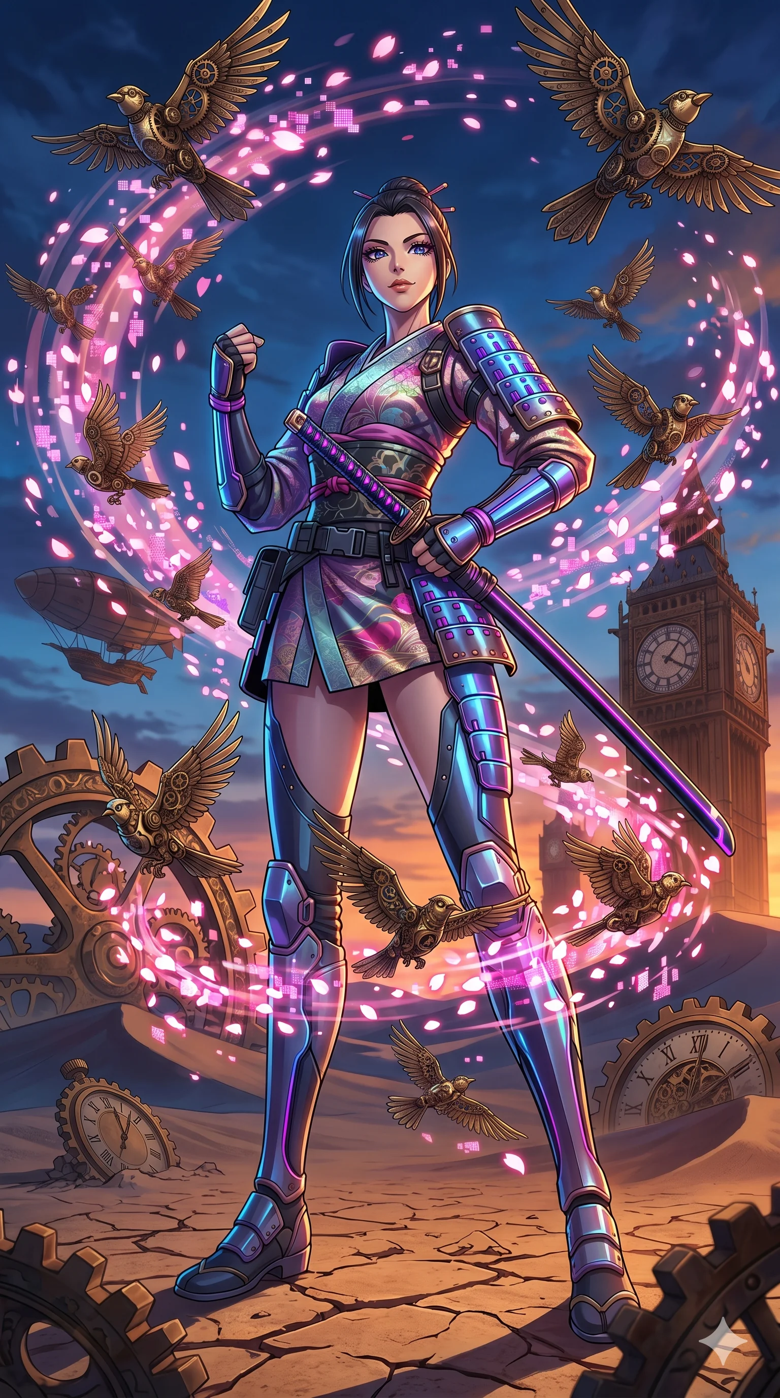 score_9, masterpiece, best quality, ultra-detailed, Set A: High-budget Anime Keyframe, Japanese woman. Low angle cowboy shot filling the entire 9:16 frame with her statuesque presence. Standing victoriously through a clockwork desert, surrounded by a whirlwind of 42 mechanical birds and surrounded by digital sakura petals. She has an absolutely perfect 8-heads proportion, an exceptionally tall and slender female figure with impossibly long slender legs and an ultra-slim waist. Sharp v-shaped jawline, high-bridge nose, intricate jewel-like eyes with depth, thick eyelashes, glossy lips with a natural sheen. Wearing Cyber-samurai gear with a short silk kimono and glowing neon katana sheath. Cinematic lighting, vibrant colors, dramatic shadows, 2k, ultra detail, master piece, 9:16 ratio