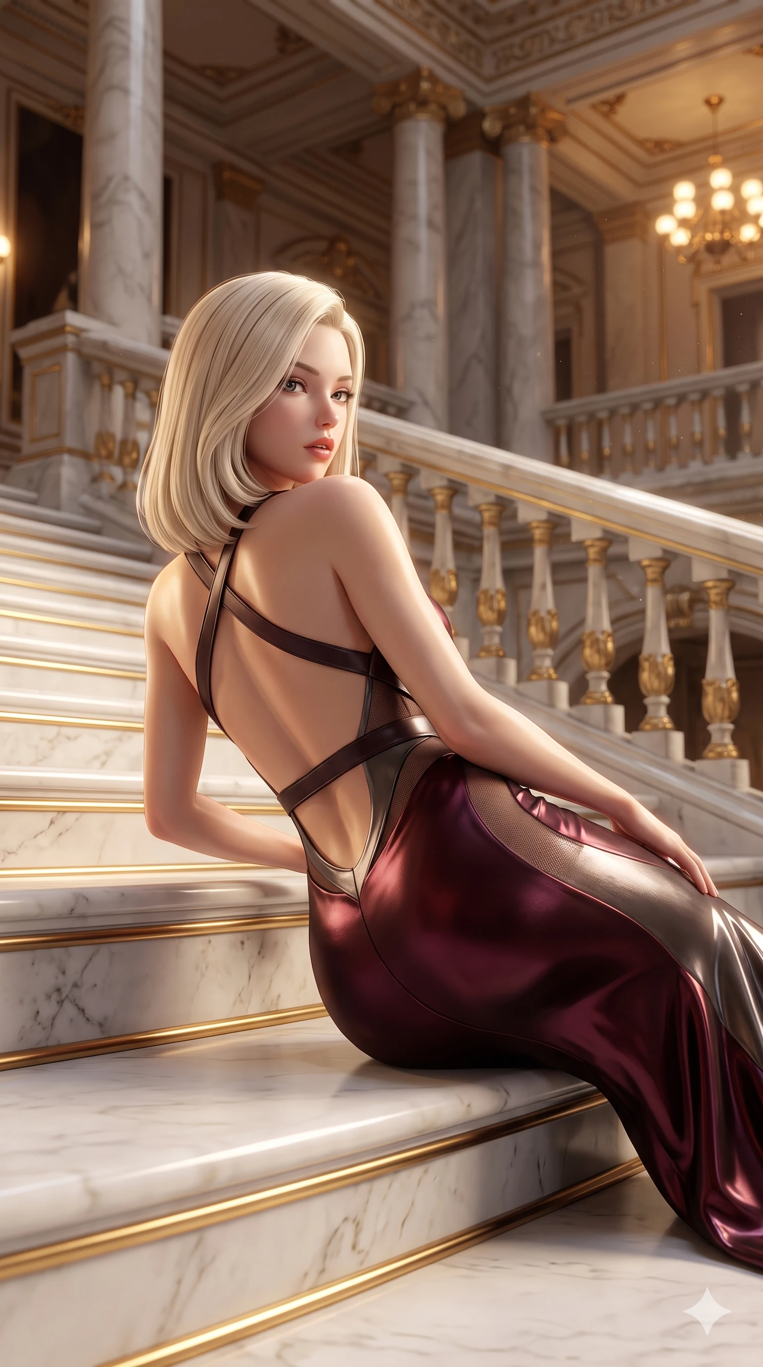 score_9, masterpiece, best quality, ultra-detailed, high-budget anime keyframe, semi-realistic 3D game render, editorial fashion photography, tasteful artistic composition, Caucasian woman. close-up cowboy shot from the waist and thighs up, the character dominates the composition, filling the frame with her large presence. posing in an alluring rear three-quarter angle, looking over a bare shoulder with parted glossy lips, her hips cocked back to highlight her slim hourglass curve while reclining on the broad marble stair landing propped on one elbow, her long slender legs and sculpted waist commanding the opulent Belle Époque space. The surrounding environment is rendered in vivid detail and crisp panoramic clarity: intricate second-skin silk jersey tailoring, sheer side mesh panels, and monumental neoclassical architecture in razor-sharp clarity. She has an exceptionally elegant, slender, and willowy female figure with an ultra-slim waist, flat toned midriff, narrow ribcage, and sculpted feminine hips creating an alluring, slim hourglass silhouette without bulk. sharp v-shaped jawline, high-bridge nose, intricate jewel-like sparkling eyes with depth, thick eyelashes, glossy parted lips with a natural sheen, intensely captivating and seductive bedroom-eyes expression, exuding both youthful cute charm and sovereign luxury allure, flawlessly proportioned anatomical accuracy, strict slender model proportions, natural body alignment, perfectly sculpted long slender limbs, ultra-slim waistline, clean dynamic posture without body distortion. wearing a sculptured liquid-satin mermaid gown with an architectural open-waist cutout and bare spine in deep wine burgundy and brushed dark platinum, crafted from stretch micro-mesh with liquid foil coating that shimmers with every movement, featuring an open-back criss-cross harness strap in dark leather, the bespoke structured tailoring following the natural line of her 8.5-heads silhouette with refined elegance. illuminated by white marble floor bounce and sharp diamond-gold rim lights carving her sculpted collarbones, ultra-slim waist, and curvy hips. highly saturated vibrant anime colors, detailed shading with soft gradients, rich glossy textures, high-contrast stereoscopic depth, volumetric dynamic lighting, master piece, 9:16 ratio