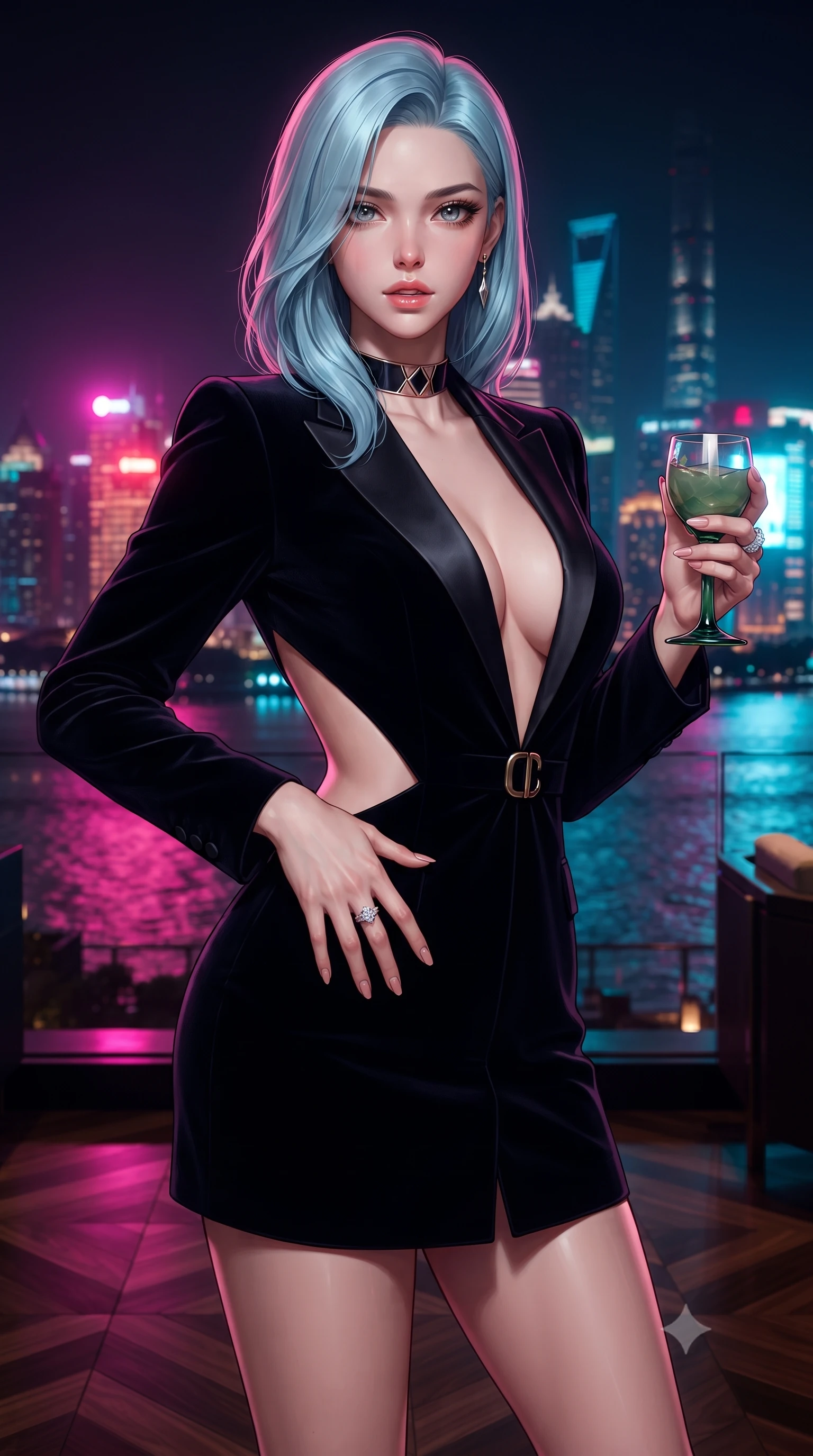 score_9, masterpiece, best quality, ultra-detailed, high-budget anime keyframe, editorial fashion photography, tasteful artistic composition, Korean woman. close-up cowboy shot from the waist and thighs up, the character dominates the composition, filling the frame with her large presence. resting one manicured hand delicately on her hip bone, her upper body turning in a fluid, seductive S-curve while parted lips glisten in the light while standing poised on the high-gloss parquet terrace, twisting her slender torso in an alluring S-curve while holding a jade-stemmed glass. The surrounding environment is rendered in vivid detail and crisp panoramic clarity. rich high-contrast Shanghai modern noir chiaroscuro and ultra-luxury Oriental grand touring aesthetics in precision. She has an exceptionally elegant, slender, and willowy female figure with an ultra-slim waist, flat toned midriff, narrow ribcage, and sculpted feminine hips creating an alluring, slim hourglass silhouette without bulk. sharp v-shaped jawline, high-bridge nose, intricate jewel-like eyes with depth, thick eyelashes, glossy parted lips with a natural sheen, intensely captivating and seductive bedroom-eyes expression, flawlessly proportioned anatomical accuracy, strict slender model proportions, natural body alignment, perfectly sculpted long slender limbs, ultra-slim waistline, clean dynamic posture without body distortion. wearing a tailored velvet tuxedo jacket dress with satin lapels, worn with a deep plunge neckline and gold hip buckle in midnight obsidian black and liquid gold, tailored from smooth liquid silk satin adhering seamlessly to her skin, complemented by a bold geometric choker and sparkling cocktail ring, the precision-cut side openings and low-back scoop framing her graceful spine and the sensual sweep of her slim, toned hips. bathed in vibrant magenta and electric cyan river skyline reflections contrasting with warm amber interior downlights. ultra-reflective glossy finish, specular highlights, rich textural contrasts, high-contrast stereoscopic depth, volumetric dynamic lighting, 2k, ultra detail, master piece, 9:16 ratio