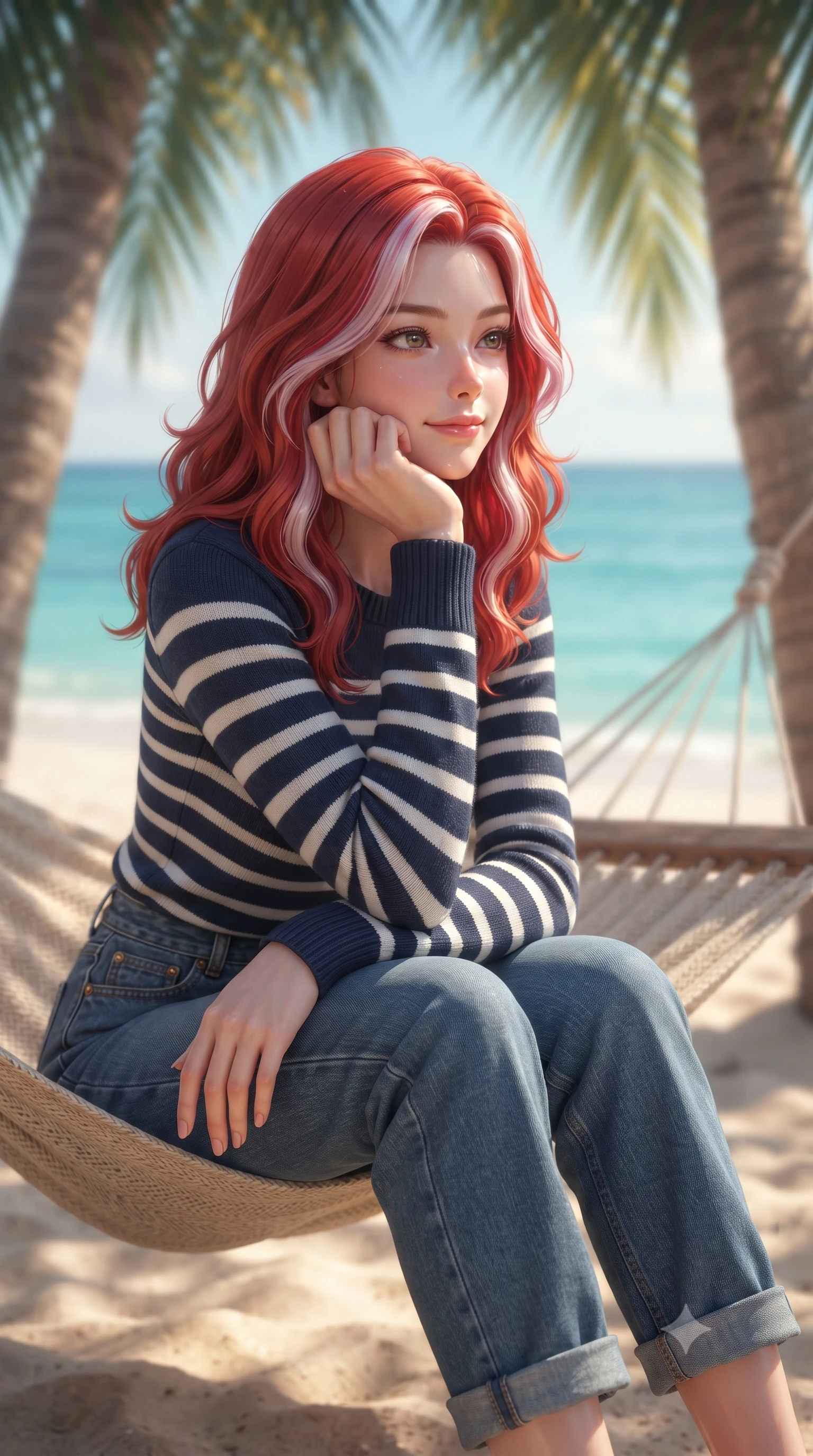 score_9, masterpiece, best quality, ultra-detailed, high-budget anime keyframe, editorial fashion photography, tasteful artistic composition, Caucasian woman woman. close-up cowboy shot from the waist and thighs up, the character dominates the composition, filling the frame with her large presence, background elements kept in soft focus. resting her chin on her hand, looking out at the beautiful scenery with a soft smile the background shows a soft-focus a cozy hammock strung between two palm trees on a sandy beach, with turquoise water in soft focus. She has an exceptionally elegant, slender, and willowy female figure with an ultra-slim waist, a gracefully sculpted slender torso, and a refined silhouette. sharp v-shaped jawline, high-bridge nose, intricate jewel-like eyes with depth, thick eyelashes, glossy lips with a natural sheen. wearing a tailored comfortable striped knit sweater in navy and white, paired with blue denim boyfriend jeans. dappled sunlight filtering through the palm fronds and creating warm patches. ultra-reflective glossy finish, specular highlights, metallic sheen, high-contrast stereoscopic depth, volumetric dynamic lighting, 2k, ultra detail, master piece, 9:16 ratio