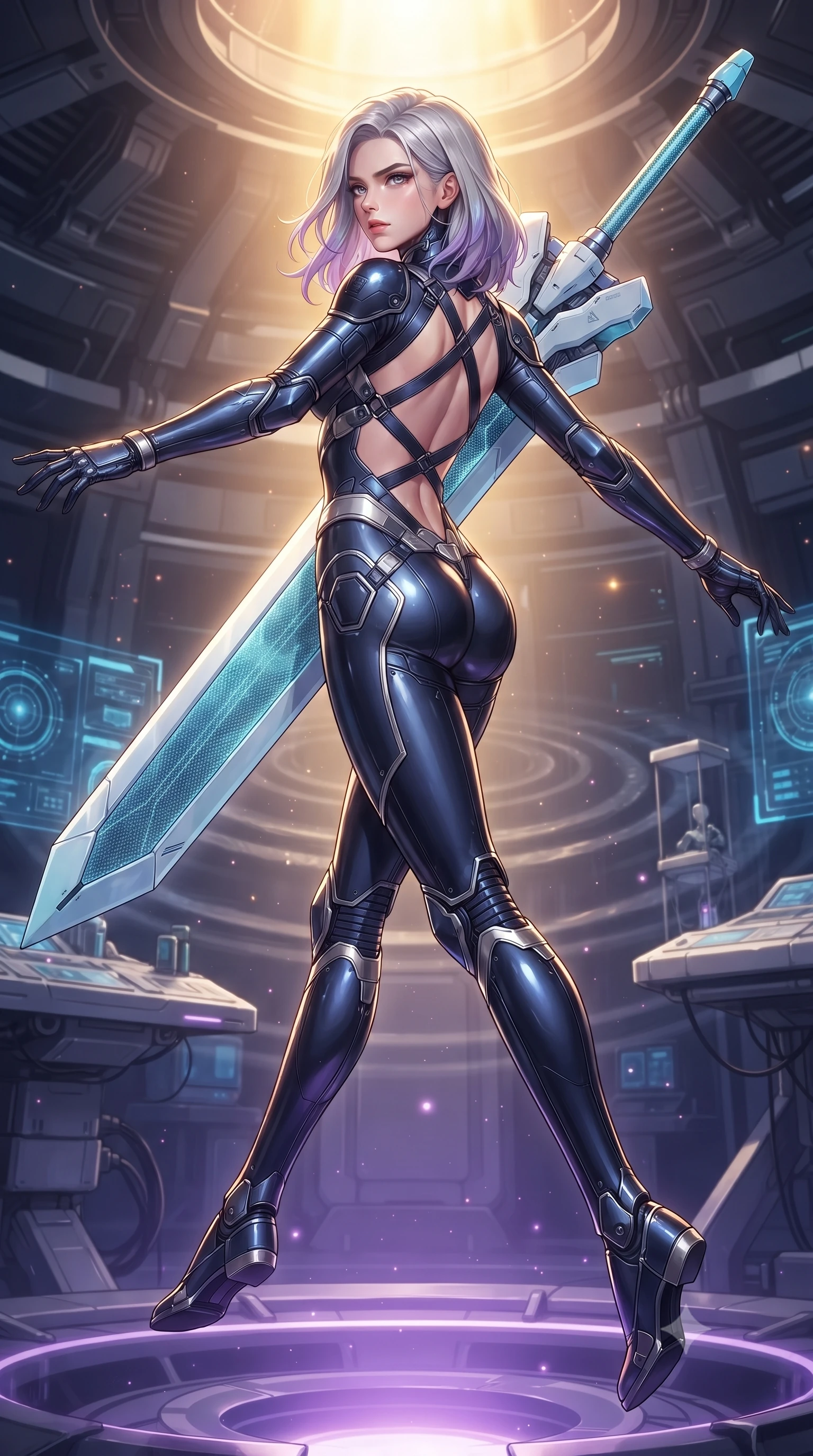 score_9, masterpiece, best quality, ultra-detailed, high-budget anime keyframe, editorial fashion photography, tasteful artistic composition, Caucasian woman. low angle full-body shot from head to toe showing her feet, filling the entire 9:16 vertical frame with her statuesque presence, stretching her vertical silhouette. striding forward with commanding supermodel grace, weapon held at the ready, her 8.5-heads statuesque silhouette dominating the vertical frame from head to toe while pivoting dynamically in zero-gravity with arms outstretched as the translucent energy shields pulse with golden particle light. The surrounding environment is rendered in vivid detail and crisp panoramic clarity. intricate carbon exoskeleton joints, gravitational wave distortion ripples, and star consoles in high clarity. She has an absolutely perfect, statuesque 8.5-heads proportion, an exceptionally tall and slender model-like female figure with impossibly long slender legs, a toned flat midriff, and an ultra-slim waist. sharp v-shaped jawline, high-bridge nose, intricate jewel-like eyes with depth, thick eyelashes, glossy lips with a natural sheen, flawlessly proportioned anatomical accuracy, strict slender model proportions, natural body alignment, perfectly sculpted long slender limbs, ultra-slim waistline, clean dynamic posture without body distortion. wearing a statuesque midnight cobalt carbon-fiber armor-suit with platinum trim and an ultra-slim waistline, resting a massive sleek high-frequency anti-material greatsword across her shoulder in glacial ice-cyan carbon mesh with pure white armor plates, crafted from ultra-strong woven carbon-fiber composite with a satin luster, complemented by criss-cross back harness straps highlighting her completely bare spine, the sleek second-skin cut tightly hugging her graceful clavicle, narrow waist, and feminine curves with athletic precision. bathed in radiant golden singularity accretion glow and saturated violet gravitational field uplights. ultra-reflective glossy finish, specular highlights, dark metallic sheen, high-contrast stereoscopic depth, volumetric dynamic lighting, 2k, ultra detail, master piece, 9:16 ratio
