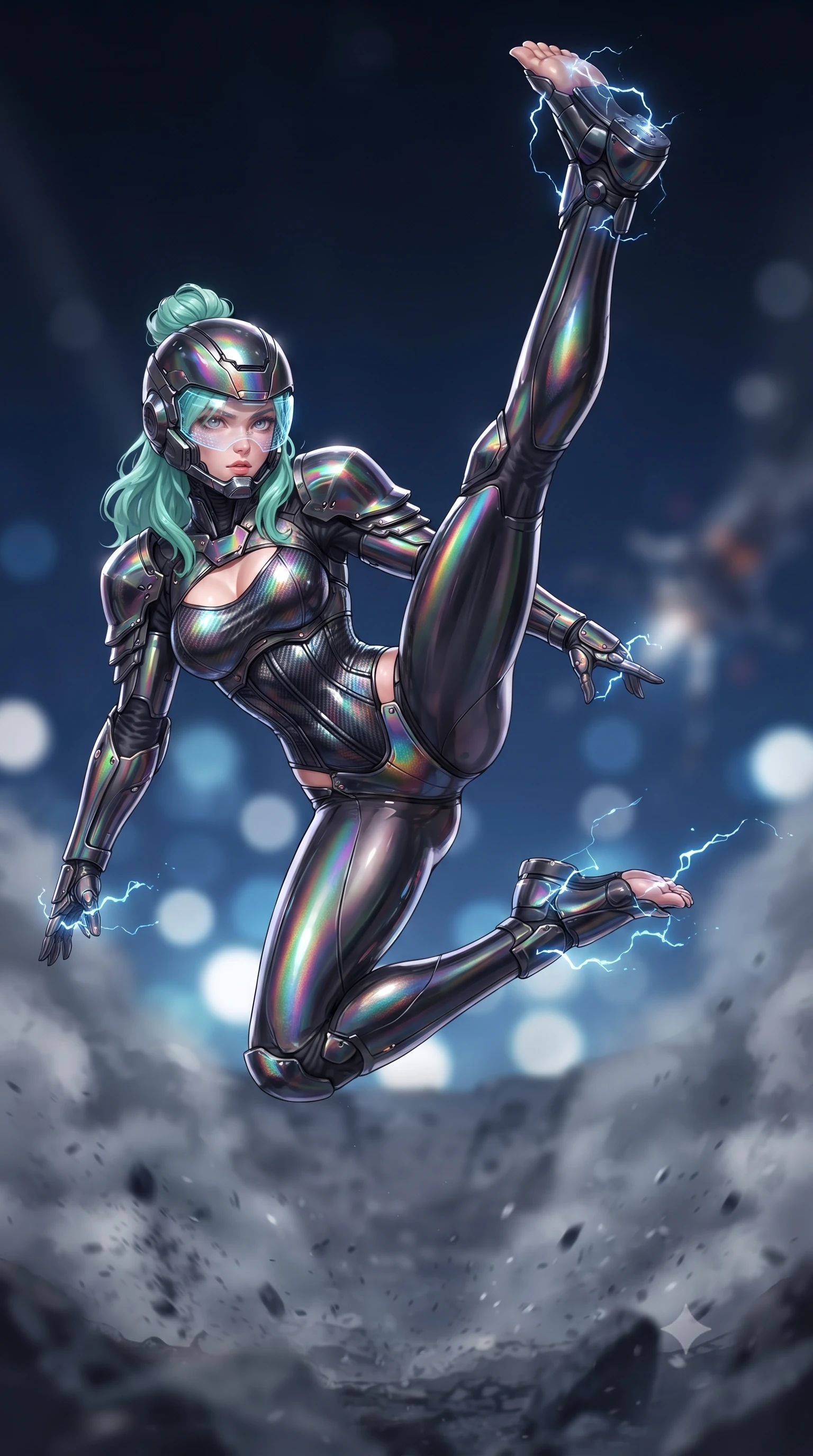 score_9, masterpiece, best quality, ultra-detailed, high-budget anime keyframe, editorial fashion photography, tasteful artistic composition, Japanese woman. low angle full-body shot from head to toe showing her feet, filling the entire 9:16 vertical frame with her statuesque presence, stretching her vertical silhouette. executing a breathtaking zero-gravity high-kick with full 180-degree vertical extension, her impossibly long slender legs dominating the frame with razor-sharp poise while landing gracefully in the crater of a massive electromagnetic EMP blast as dying blue lightning arcs ground through her boots. The composition keeps background elements in soft focus with creamy bokeh. crackling blue EMP lightning arcs and smoking crater rims blurred into dazzling sapphire, white-hot, and pitch-black bokeh. She has an absolutely perfect, statuesque 8.5-heads proportion, an exceptionally tall and slender model-like female figure with impossibly long slender legs, a toned flat midriff, and an ultra-slim waist. sharp v-shaped jawline, high-bridge nose, intricate jewel-like eyes with depth, thick eyelashes, glossy lips with a natural sheen, fierce and resolute heroine expression, flawlessly proportioned anatomical accuracy, strict slender model proportions, natural body alignment, perfectly sculpted long slender limbs, ultra-slim waistline, clean dynamic posture without body distortion. wearing an open-face aerodynamic carbon-fiber combat helmet with a retracted transparent holographic HUD visor framing her sharp jawline and jewel-like eyes, paired with a statuesque high-fashion cyber-warrior armor suit with platinum bevels, heavy articulated shoulder guards, and an ultra-slim waist-cinching corset in high-gloss iridescent rainbow carbon with scorched titanium plating, made of liquid carbon-jersey fabric accentuating every curve of her tall, slender model proportions, finished with high-mobility flexible armor articulation seams and miniature magnetic locks, the precision-cut daring openings accentuating her delicate midriff, graceful bare collarbones, and ultra-slim feminine waistline. illuminated by crisp directional rim lights sharply defining her ultra-slim waist, long legs, and flat midriff. ultra-reflective glossy finish, specular highlights, dark metallic sheen, high-contrast stereoscopic depth, volumetric dynamic lighting, 2k, ultra detail, master piece, 9:16 ratio