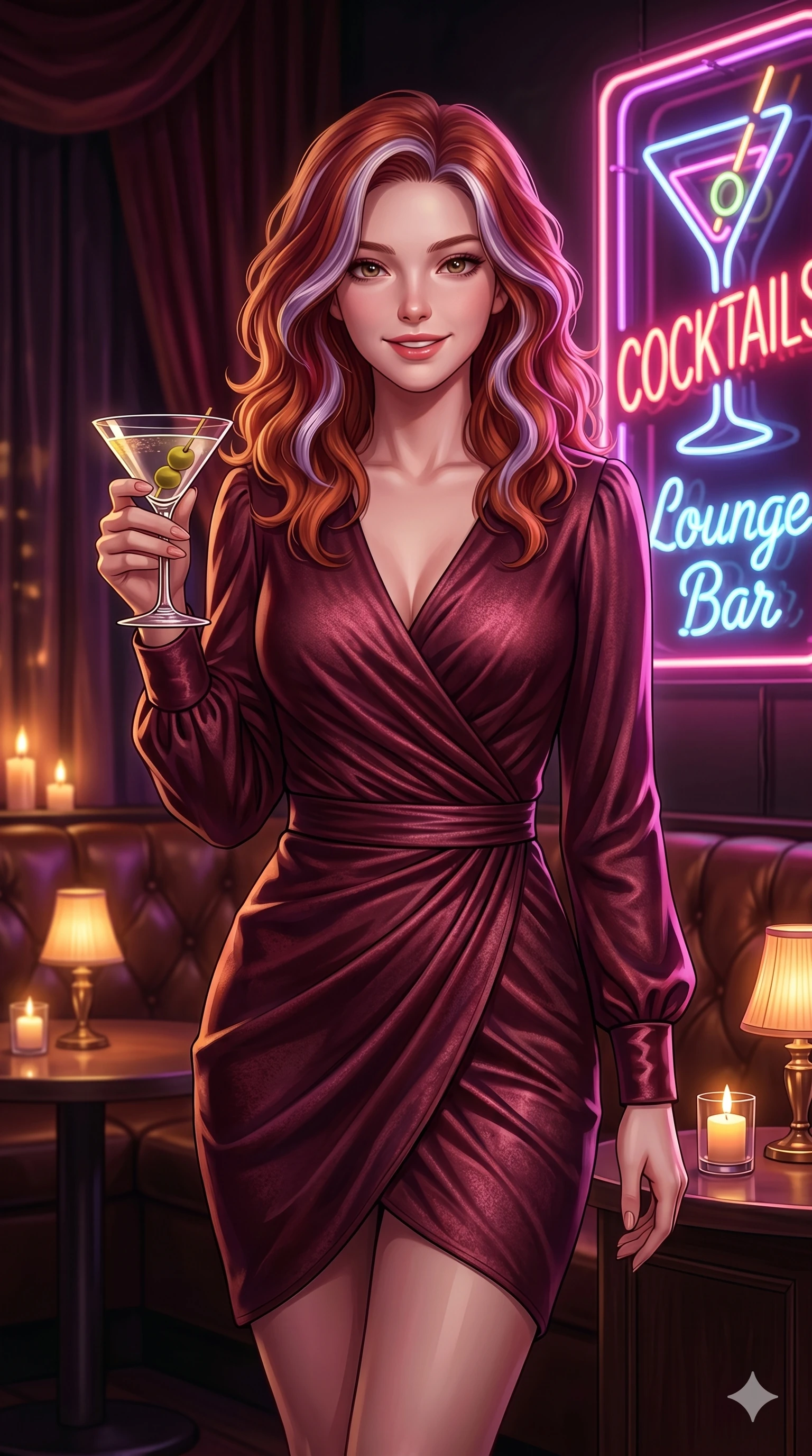 score_9, masterpiece, best quality, ultra-detailed, high-budget anime keyframe, Caucasian woman, strictly human ears. Upper body close-up from the thighs up, character filling the screen for maximum presence. Standing next to a retro neon cocktail sign in a lounge, holding a drink, looking towards the camera with a charming, friendly smile. She is wearing a high-fashion draped wrap dress with a V-neckline and wrist cuffs. The scene is lit by warm candlelight and the pink glow of the neon cocktail sign. 2k, ultra detail, master piece, 9:16 ratio