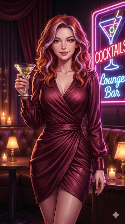 score_9, masterpiece, best quality, ultra-detailed, high-budget anime keyframe, Caucasian woman, strictly human ears. Upper body close-up from the thighs up, character filling the screen for maximum presence. Standing next to a retro neon cocktail si