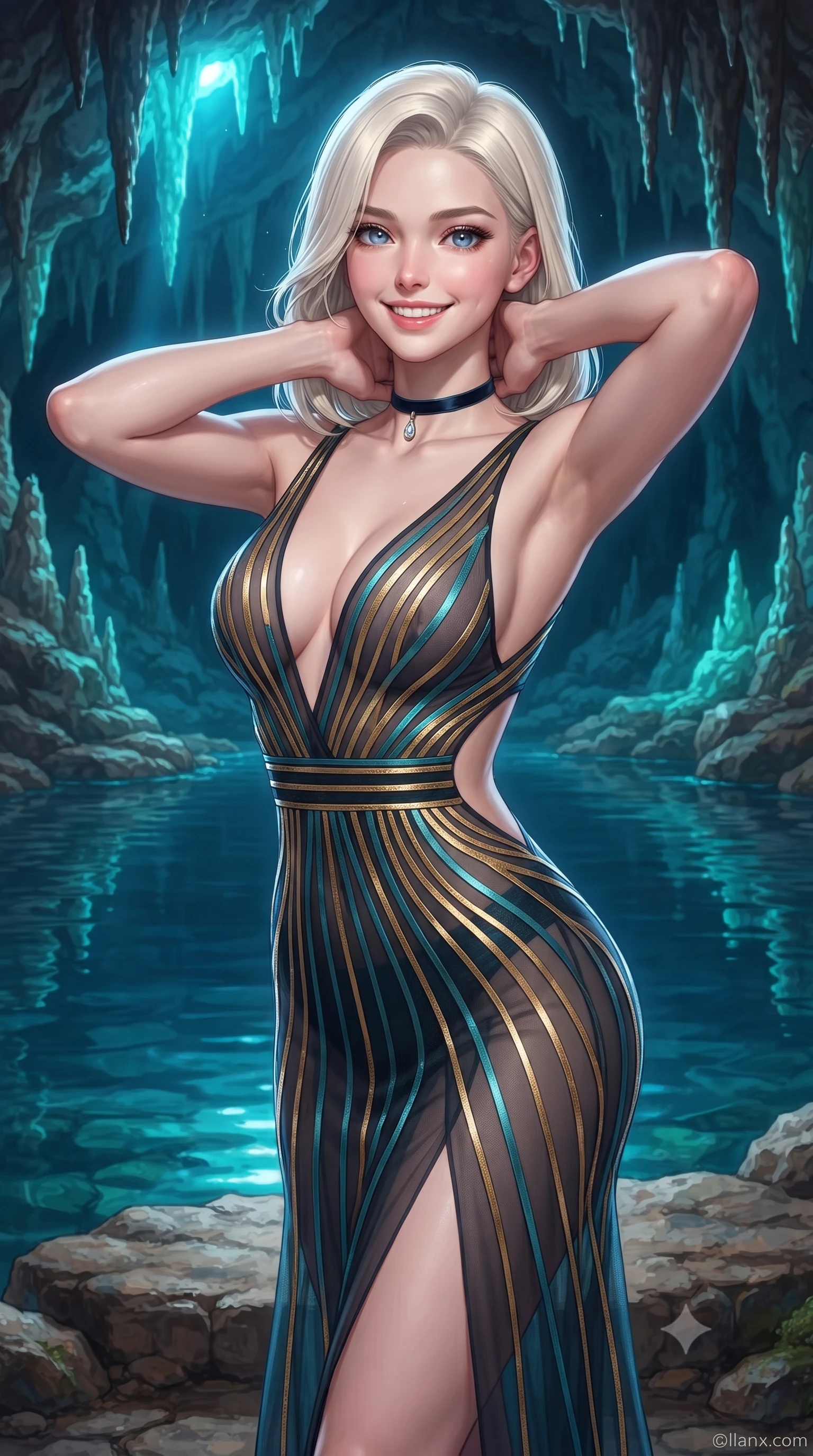 score_9, masterpiece, best quality, ultra-detailed, high-budget anime keyframe, editorial fashion photography, tasteful artistic composition, Caucasian woman. close-up cowboy shot from the waist and thighs up, the character dominates the composition, filling the frame with her large presence. resting both hands lightly behind her neck with elbows raised, arching her spine to highlight her narrow waist, flat midriff, and breathtaking collarbones while standing poised on the natural stone ledge beside the subterranean heated lake beneath illuminated artificial stalactites, arching her spine with mythological siren grace. The surrounding environment is rendered in vivid detail and crisp panoramic clarity: detailed outfit silhouette, sheer cling or tailored lines, and fantasy royal architecture in razor-sharp precision. She has an exceptionally elegant, slender, and willowy female figure with an ultra-slim waist, flat toned midriff, narrow ribcage, and sculpted feminine hips creating an alluring, slim hourglass silhouette without bulk. sharp v-shaped jawline, high-bridge nose, intricate jewel-like sparkling eyes with depth, thick eyelashes, glossy parted lips with a natural peach sheen, bright cheerful beaming smile with an enchanting and coquettish sensual glint, exuding both youthful cute charm and seductive allure, flawlessly proportioned anatomical accuracy, strict slender model proportions, natural body alignment, perfectly sculpted long slender limbs, ultra-slim waistline, clean dynamic posture without body distortion. wearing a plunge-front sheer illusion tulle slip dress with liquid gold ribbon stripes hugging her curves in Icelandic geothermal cyan and volcanic basalt obsidian, crafted from bespoke double-faced cashmere with an exceptionally soft tactile finish, finished with a thin velvet ribbon choker and a single teardrop diamond pendant, the precision-cut side openings and low-back scoop framing her graceful spine and the sensual sweep of her slim, toned hips. bathed in the magical theatrical 3500K sapphire-and-emerald electric arc illumination designed for King Ludwig II's private opera performances. ultra-reflective glossy finish, specular highlights, rich textural contrasts, high-contrast stereoscopic depth, volumetric dynamic lighting, 2k, ultra detail, master piece, 9:16 ratio