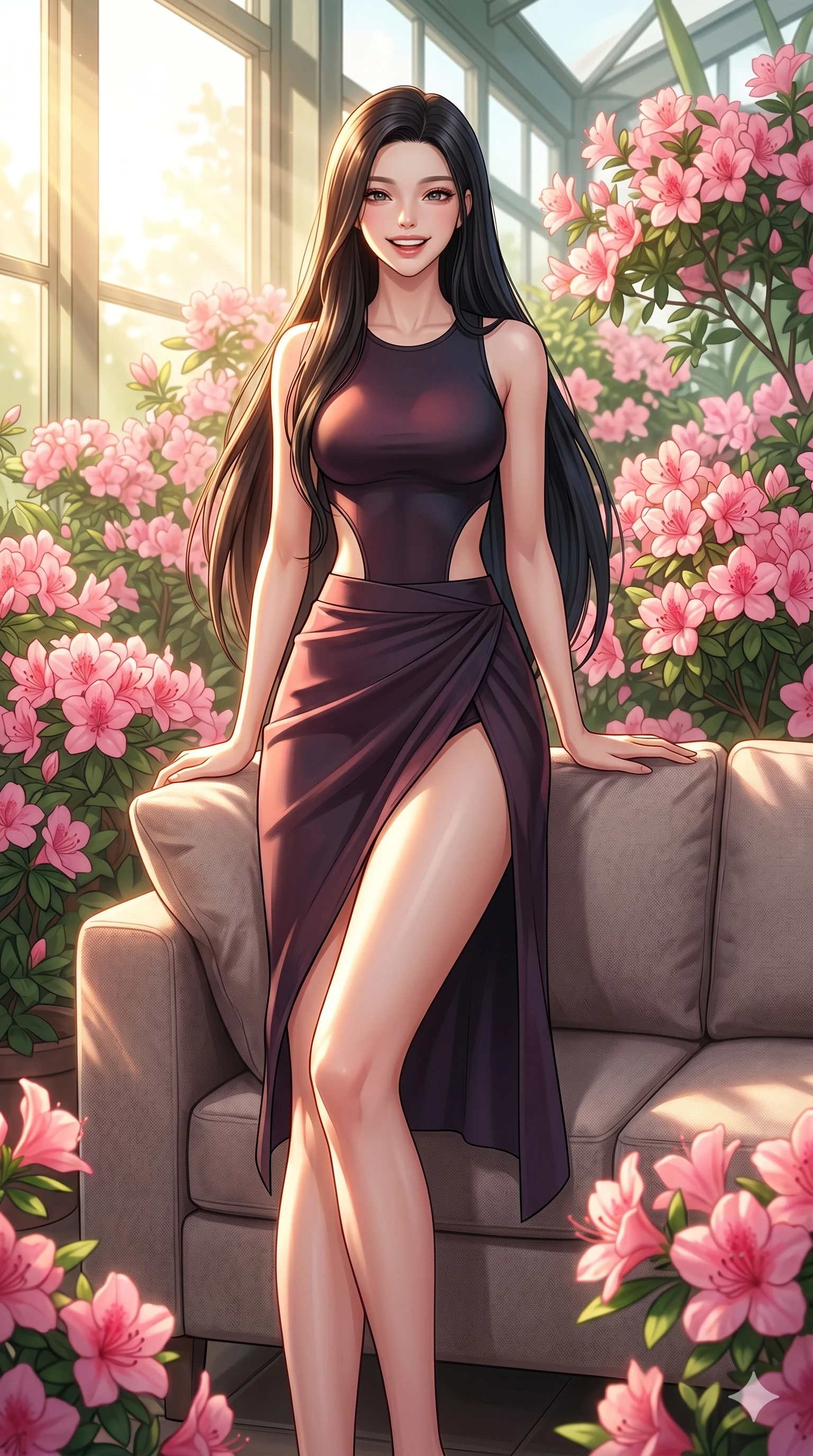 score_9, masterpiece, best quality, ultra-detailed, high-budget anime keyframe, vibrant anime aesthetic, Korean woman. cowboy shot from the thighs up, character and outfit filling the frame for maximum presence. She is leaning back against a sofa with a bright, radiant smile on her face inside a conservatory room with pink azaleas (Code-P20-111). She has an absolutely perfect 8-heads proportion, an exceptionally tall and slender female figure with impossibly long slender legs and an ultra-slim waist. V-shaped jawline, high-bridge nose, intricate jewel-like eyes with depth, thick eyelashes, glossy lips with a natural sheen. wearing a neoprene bodysuit with side cutouts and high-slit wrap. She is lit from the side by bright sun rays, tracing the contours of her body in the morning. 2k, ultra detail, master piece, 9:16 ratio