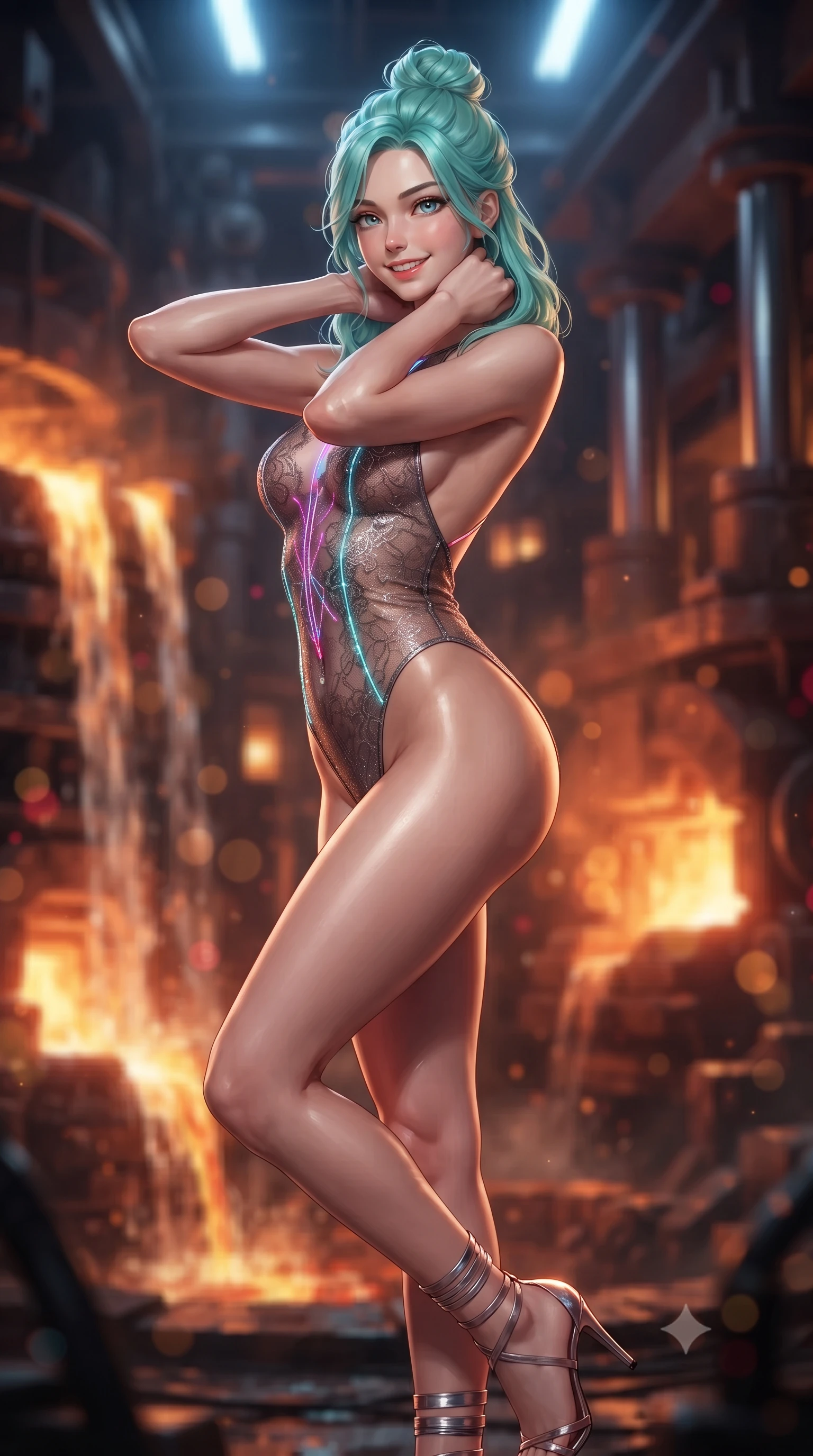 score_9, masterpiece, best quality, ultra-detailed, high-budget anime keyframe, editorial fashion photography, tasteful artistic composition, Japanese woman. close-up cowboy shot from the waist and thighs up, the character dominates the composition, filling the frame with her large presence. resting both hands lightly behind her neck with elbows raised, arching her spine to highlight her narrow waist, flat midriff, and breathtaking collarbones while twisting her slender torso in an alluring contrapposto stance beside the slag skimming crane, incandescent crimson magma light caressing her narrow waist and curvy hips. The background shows a soft-focus cascading waterfalls of molten liquid slag, glowing orange forge furnaces, and massive hydraulic piston exhausts blurred into amber, copper, and ruby bokeh. She has an exceptionally elegant, slender, and willowy female figure with an ultra-slim waist, flat toned midriff, narrow ribcage, and sculpted feminine hips creating an alluring, slim hourglass silhouette without bulk. sharp v-shaped jawline, high-bridge nose, intricate jewel-like sparkling eyes with depth, thick eyelashes, glossy parted lips with a natural peach sheen, bright cheerful beaming smile with an enchanting and coquettish sensual glint, exuding both youthful cute charm and seductive allure, flawlessly proportioned anatomical accuracy, strict slender model proportions, natural body alignment, perfectly sculpted long slender limbs, ultra-slim waistline, clean dynamic posture without body distortion. wearing an alluring backless sheer lace combat leotard with high-cut leg openings and delicate fiber-optic embroidery framing her spine in Shinjuku acid-rain magenta and cyan neon, woven from stretch metallic lurex jersey casting radiant starlight glints across her curves, complemented by strappy stiletto sandals with metallic ankle wraps accentuating her slender calves, the impeccably tailored cut draping gracefully along her slender figure with aristocratic poise. bathed in the intense warm 2000K radiant glow of molten titanium rivers contrasted with cool overhead blue safety strobes. ultra-reflective glossy finish, specular highlights, rich textural contrasts, high-contrast stereoscopic depth, volumetric dynamic lighting, 2k, ultra detail, master piece, 9:16 ratio