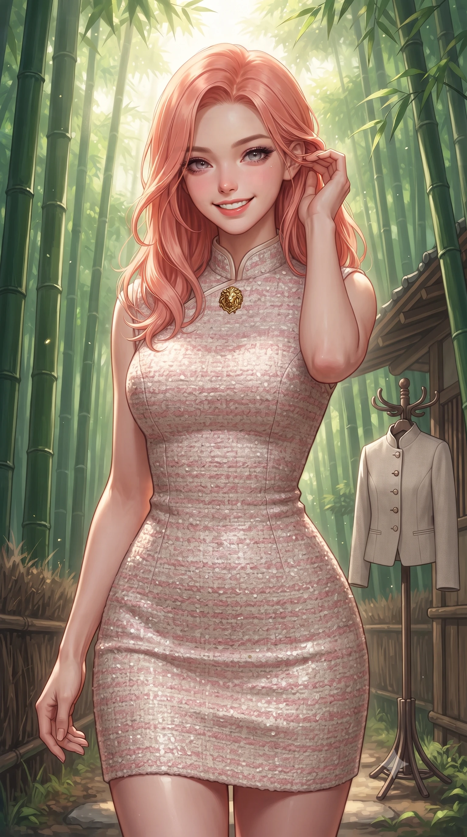score_9, masterpiece, best quality, ultra-detailed, high-budget anime keyframe, editorial fashion photography, tasteful artistic composition, Japanese woman. close-up cowboy shot from the waist and thighs up, the character dominates the composition, filling the frame with her large presence. gently brushing a lock of hair behind her ear while casting a playful, flirtatious side-gaze with long eyelashes while walking slowly beneath the towering bamboo canopy, listening to the gentle rustling leaves with peaceful aristocratic grace. The surrounding environment is rendered in vivid detail and crisp panoramic clarity: detailed stand-collar wool jacket tailoring, minimalist button placket, and historic Kyoto trail craft in high resolution. She has an exceptionally elegant, slender, and willowy female figure with an ultra-slim waist, flat toned midriff, narrow ribcage, and sculpted feminine hips creating an alluring, slim hourglass silhouette without bulk. sharp v-shaped jawline, high-bridge nose, intricate jewel-like sparkling eyes with depth, thick eyelashes, glossy parted lips with a natural peach sheen, bright cheerful beaming smile with an enchanting and coquettish sensual glint, exuding both youthful cute charm and seductive allure, flawlessly proportioned anatomical accuracy, strict slender model proportions, natural body alignment, perfectly sculpted long slender limbs, ultra-slim waistline, clean dynamic posture without body distortion. wearing a modern form-fitting silk-knit cheongsam-inspired dress with subtle standing collar and snug tailored waist darts in Parisian pastel rose bouclé and cream pearl, made of high-gauge compact silk knit that hugs her curves with seamless sculpted precision, accented with an ornate 24k gold lion-embossed crest button along the snug front closure, the glove-like clinging cut tightly following the natural contour of her hips and long slender legs with youthful 8.5-heads elegance. bathed in ethereal shafts of morning sunlight (komorebi) piercing through dense emerald bamboo canopies. ultra-reflective glossy finish, specular highlights, rich textural contrasts, high-contrast stereoscopic depth, volumetric dynamic lighting, 2k, ultra detail, master piece, 9:16 ratio