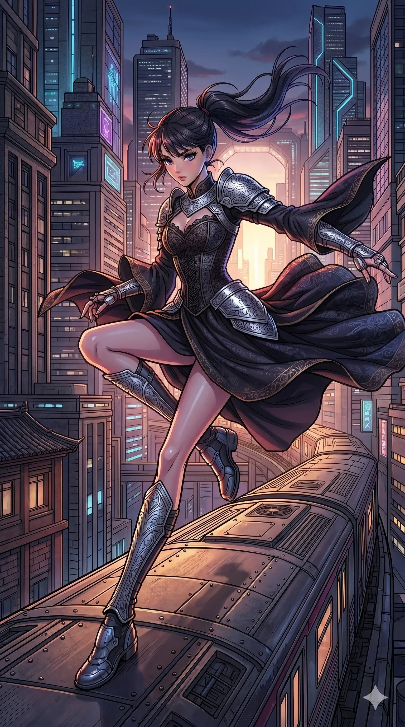 score_9, masterpiece, best quality, ultra-detailed, high-budget anime movie keyframe, cinematic anime lighting, intricate line art, Korean woman. Low angle cowboy shot capturing a powerful motion and statuesque presence. running along a moving train roof as it weaves through skyscrapers. She has an absolutely perfect 8-heads proportion, an exceptionally tall and slender female figure with an ultra-slim waist and impossibly long slender legs. strictly human anatomy, two legs only, no extra limbs, clearly defined legs and arms, perfect anatomy, perfect hands and fingers. sharp v-shaped jawline, high-bridge nose, intricate jewel-like eyes, thick eyelashes, glossy lips. Wearing Dark Fantasy: Gothic lace corset gown, bell-sleeved sorceress robes, and engraved silver plate armor over silk. The scene is illuminated by dramatic atmospheric lighting and vibrant color palettes. , 2k, ultra detail, master piece, 9:16 ratio