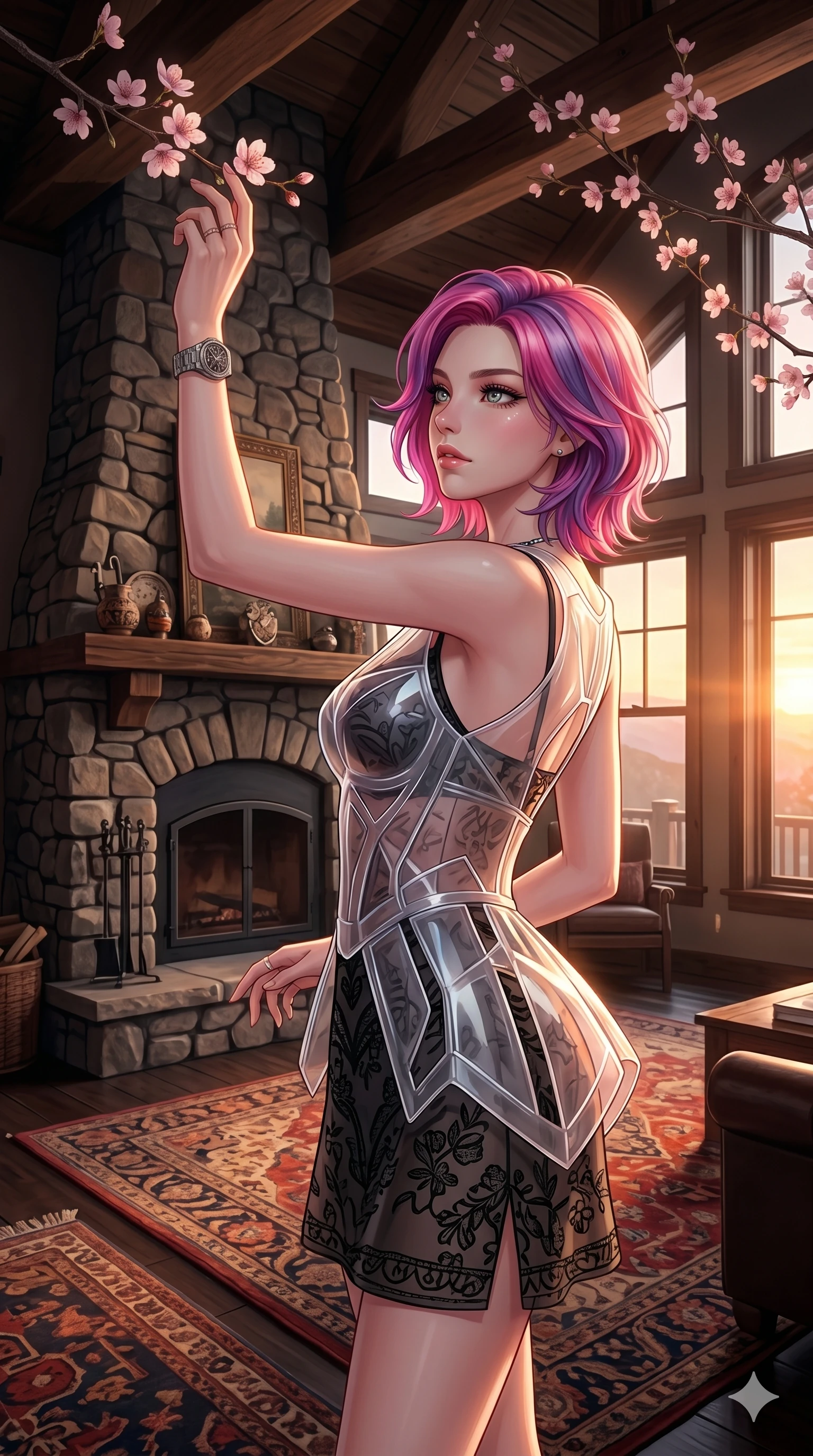 score_9, masterpiece, best quality, ultra-detailed, high-budget anime keyframe, editorial fashion photography, tasteful artistic composition, Caucasian woman, strictly human ears. cowboy shot from the thighs up, character and outfit filling the frame for maximum editorial presence. reaching up to touch a cherry blossom, looking over her shoulder inside a cozy mountain lodge cabin with a stone fireplace and rugs (Code-P18-157). She has an absolutely perfect 8-heads proportion, an exceptionally tall and slender female figure with impossibly long slender legs and an ultra-slim waist. V-shaped jawline, high-bridge nose, intricate jewel-like eyes with depth, thick eyelashes, glossy lips with a natural sheen. wearing a translucent polymer structured bodice over a black patterned embroidery slip dress. warm sunset light pouring through the windows, casting a warm glowing aura on her. 2k, ultra detail, master piece, 9:16 ratio