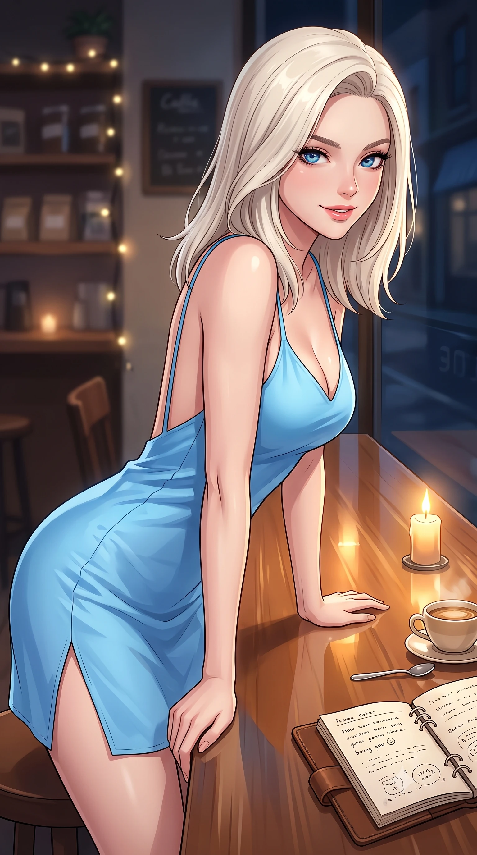 score_9, masterpiece, best quality, ultra-detailed, high-budget anime keyframe, tasteful artistic composition, Caucasian woman. close-up cowboy shot from the waist and thighs up, the character dominates the composition, filling the frame with her large presence, background elements kept in soft focus. leaning slightly forward with a playful, teasing smile, her gaze locked onto the viewer the background shows a soft-focus a quiet cafe corner at midnight with a warm cup of coffee and an open notebook. She has an exceptionally elegant, slender, and willowy female figure with an ultra-slim waist, a gracefully sculpted slender torso, and a refined silhouette. sharp v-shaped jawline, high-bridge nose, intricate jewel-like eyes with depth, thick eyelashes, glossy lips with a natural sheen. wearing a slim-fit lightweight silk slip dress in baby blue with a high side slit and a low-cut back. warm flickering candlelight reflecting off the glossy table surface. highly saturated vibrant anime colors, cel-shading, 2d style, master piece, 9:16 ratio