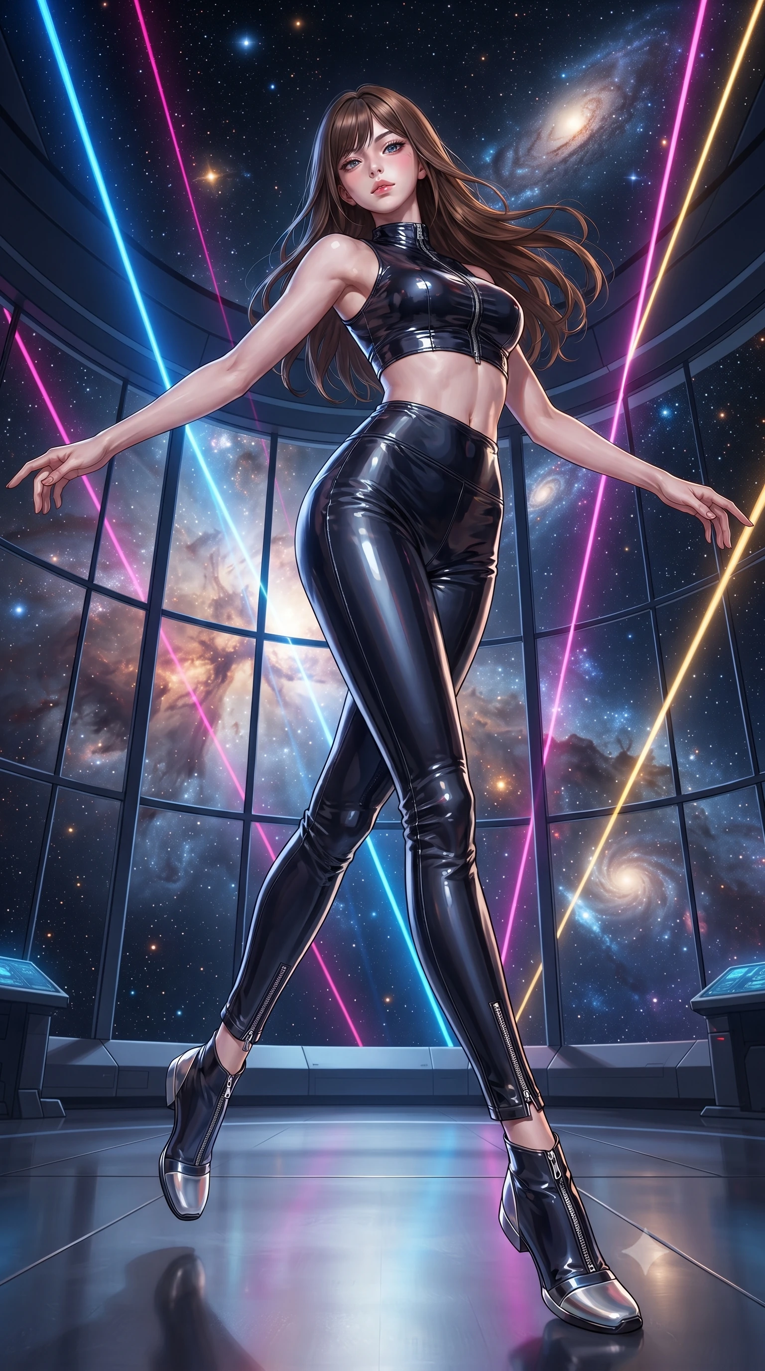 score_9, masterpiece, best quality, ultra-detailed, high-budget anime keyframe, editorial fashion photography, tasteful artistic composition, Korean woman. low angle full-body shot from head to toe showing her feet, filling the entire 9:16 vertical frame with her statuesque presence, stretching her vertical silhouette. leaping gracefully through the environment with statuesque elegance and long slender legs standing inside a high-tech observatory with panoramic glass views of a nebula, starlight and cosmic nebula clouds glowing through the floor-to-ceiling glass. She has an absolutely perfect, statuesque 8.5-heads proportion, an exceptionally tall and slender model-like female figure with impossibly long slender legs and an ultra-slim waist. sharp v-shaped jawline, high-bridge nose, intricate jewel-like eyes with depth, thick eyelashes, glossy lips with a natural sheen. wearing a glossy vinyl crop top and high-waist tailored leggings with sleek metallic zippers, the tailored fabric tightly following every curve of her athletic build. lit by bright volumetric laser beams and soft specular highlights. ultra-reflective glossy finish, specular highlights, metallic sheen, high-contrast stereoscopic depth, volumetric dynamic lighting, 2k, ultra detail, master piece, 9:16 ratio