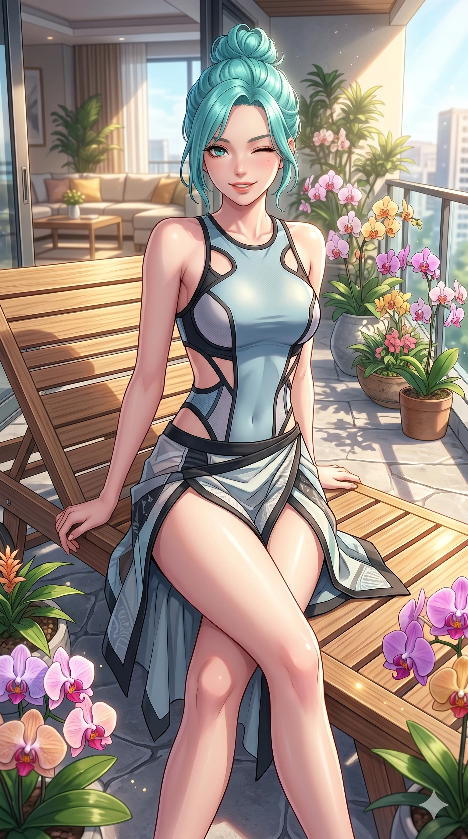 score_9, masterpiece, best quality, ultra-detailed, high-budget anime keyframe, vibrant anime aesthetic, Japanese woman. cowboy shot from the thighs up, character and outfit filling the frame for maximum presence. She is sitting in a sunlit lounge, winking with a cheerful and lively expression on a private terrace decorated with spring orchids (Code-P20-071). She has an absolutely perfect 8-heads proportion, an exceptionally tall and slender female figure with impossibly long slender legs and an ultra-slim waist. V-shaped jawline, high-bridge nose, intricate jewel-like eyes with depth, thick eyelashes, glossy lips with a natural sheen. wearing a neoprene bodysuit with side cut-outs and high-slit wrap. She is lit from the side by bright sun rays, tracing the contours of her body in the morning. 2k, ultra detail, master piece, 9:16 ratio