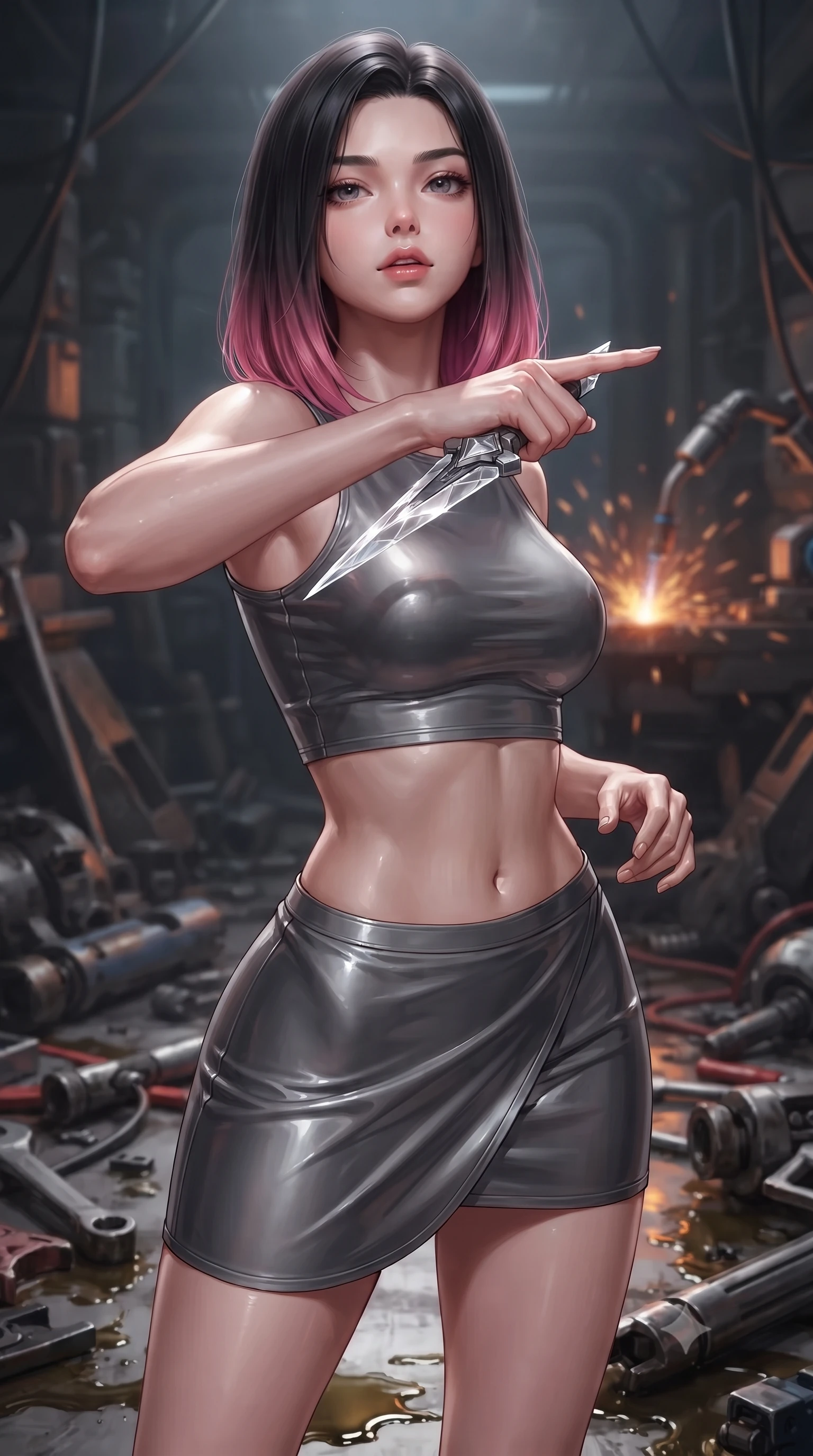 score_9, masterpiece, best quality, ultra-detailed, high-budget anime keyframe, editorial fashion photography, tasteful artistic composition, Korean woman. close-up cowboy shot from the waist and thighs up, the character dominates the composition, filling the frame with her large presence, background elements kept in soft focus. pointing a crystal-edged laser dagger forward in a defensive stance, tilting her chin up slightly with lips parted in a composed pose, the background shows a soft-focus a mech maintenance trench filled with tools and leaking synthetic hydraulic oil. She has an exceptionally elegant, slender, and willowy female figure with an ultra-slim waist, a gracefully sculpted slender torso, and a refined silhouette. sharp v-shaped jawline, high-bridge nose, intricate jewel-like eyes with depth, thick eyelashes, glossy lips with a natural sheen. wearing a body-hugging summer-combat crop top and wrap skirt set in carbon-grey, showing her delicately sculpted midriff. warm orange sparks flying from a robotic welding torch casting cozy shadows. ultra-reflective glossy finish, specular highlights, metallic sheen, high-contrast stereoscopic depth, volumetric dynamic lighting, 2k, ultra detail, master piece, 9:16 ratio