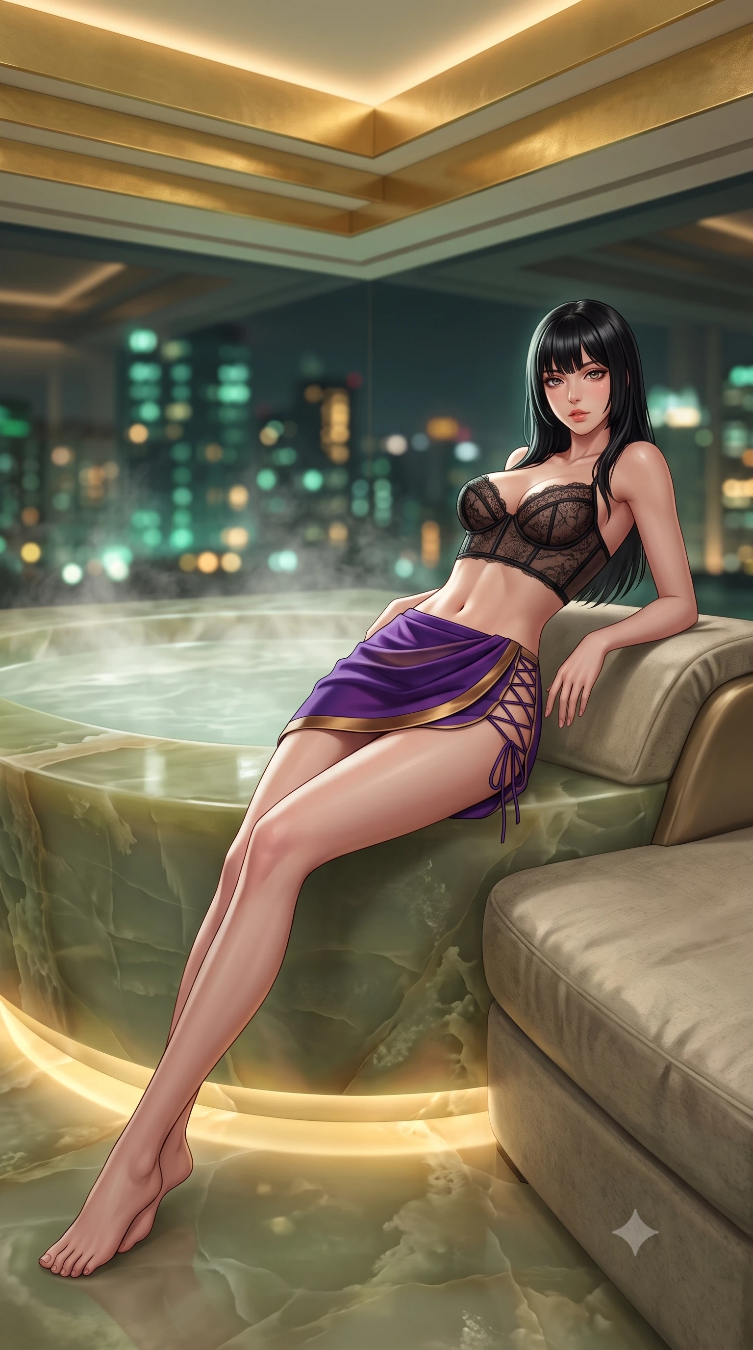 score_9, masterpiece, best quality, ultra-detailed, high-budget anime keyframe, semi-realistic 3D game render, editorial fashion photography, tasteful artistic composition, Caucasian woman. low angle full-body shot from head to toe showing her feet, filling the entire 9:16 vertical frame with her statuesque presence, stretching her vertical silhouette. reclining gracefully across the plush chaise lounge with one leg extended, her sculpted silhouette and flat midriff radiating magnetic nocturnal glamour while reclining inside the monumental sunken green onyx soaking tub, arching her spine with seductive indulgence against the warm polished stone rim. The background shows a soft-focus steaming water surface in sunken bath, stepped gold-leaf ceiling cornices, and glittering city skyline outside blurred into jade, honey, and charcoal bokeh. She has an absolutely perfect, statuesque 8.5-heads proportion, an exceptionally tall and slender model-like female figure with impossibly long slender legs, an ultra-slim waist, a flat toned midriff, narrow delicate ribcage, and beautifully sculpted feminine hips creating a graceful, slim hourglass silhouette without any bulky heaviness. sharp v-shaped jawline, high-bridge nose, sparkling eyes with hypnotic seductive depth, thick curled eyelashes, glossy parted lips with a natural dewy peach sheen, alluring bedroom-eyes with an enchanting coquettish smile, exuding magnetic siren charisma and sophisticated glamour, flawlessly proportioned anatomical accuracy, strict slender model proportions, natural body alignment, perfectly sculpted long slender limbs, ultra-slim waistline, clean dynamic posture without body distortion. wearing a sculpted underwire demi-bustier in semi-sheer lace paired with an ultra-short draped tulip skirt in royal amethyst purple and gilded bronze, tailored from fine structural neoprene with crisp architectural edges and smooth contouring, featuring fine criss-cross lace-up side ties revealing tantalizing glimpses of her hip curve, the high-slit wrap tailoring accentuating her ultra-slim waistline and the enchanting curve of her feminine hips with alluring seductive charm. bathed in soft 2700K concealed warm LED cove lighting beneath the stepped onyx platform mixed with exterior city ambient fill. highly saturated vibrant anime colors, detailed shading with soft gradients, rich glossy textures, high-contrast stereoscopic depth, volumetric dynamic lighting, master piece, 9:16 ratio