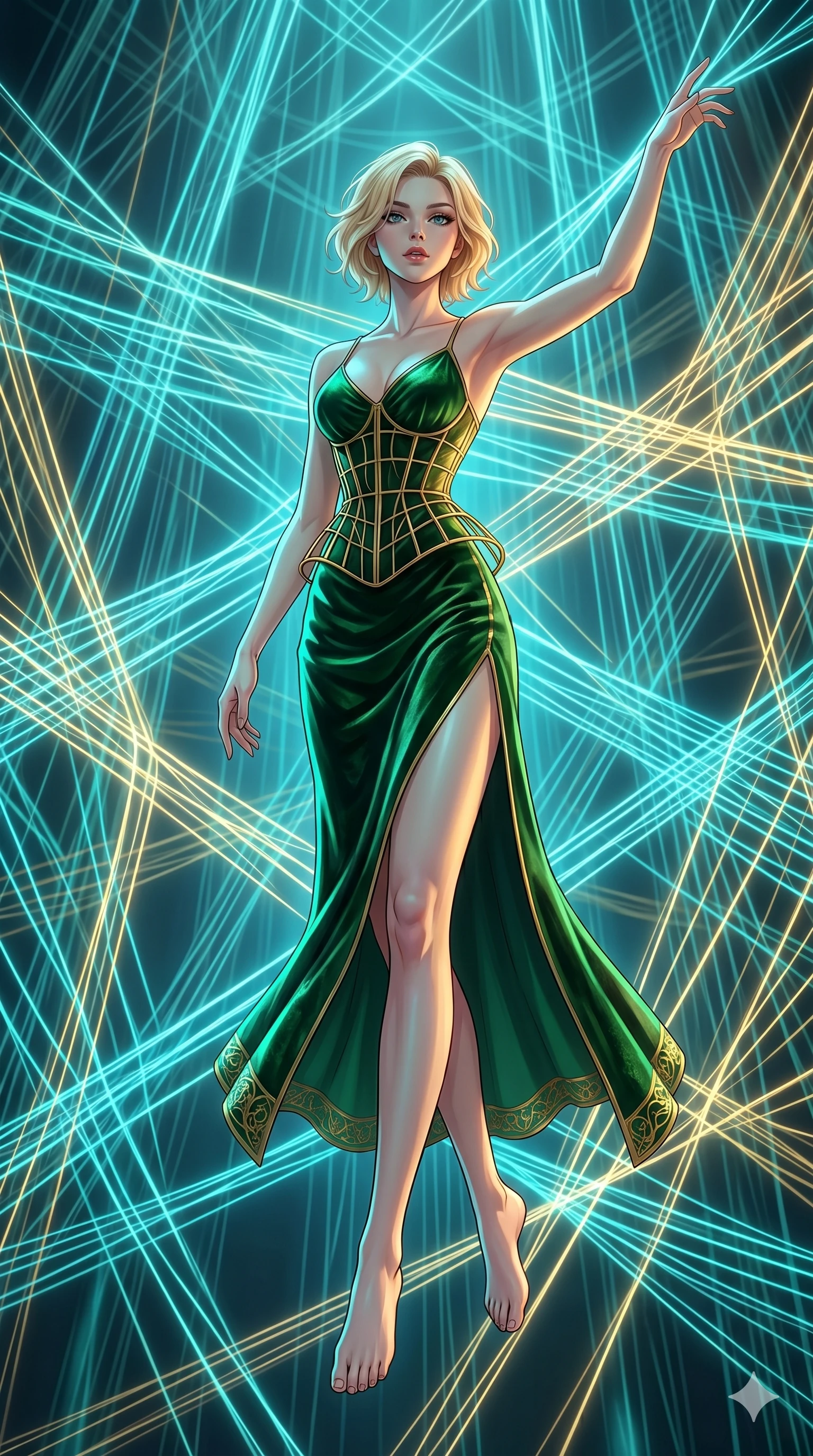 score_9, masterpiece, best quality, ultra-detailed, high-budget anime keyframe, Caucasian woman, strictly human ears. low angle full-body shot filling the entire 9:16 frame with her statuesque presence, stretching the vertical silhouette. floating suspended in an ethereal loom room where millions of luminescent cyan and gold threads intersect and weave geometric patterns. She has an absolutely perfect 8-heads proportion, an exceptionally tall and slender female figure with impossibly long slender legs and an ultra-slim waist. V-shaped jawline, high-bridge nose, intricate jewel-like eyes with depth, thick eyelashes, glossy lips with a natural sheen.. wearing a mathematical gold wire cage corset and an emerald green silk velvet slip dress with a thigh-high side slit. accented by dynamic color-blocked lighting with high-contrast shadows emphasizing her statuesque height. 2k, ultra detail, master piece, 9:16 ratio