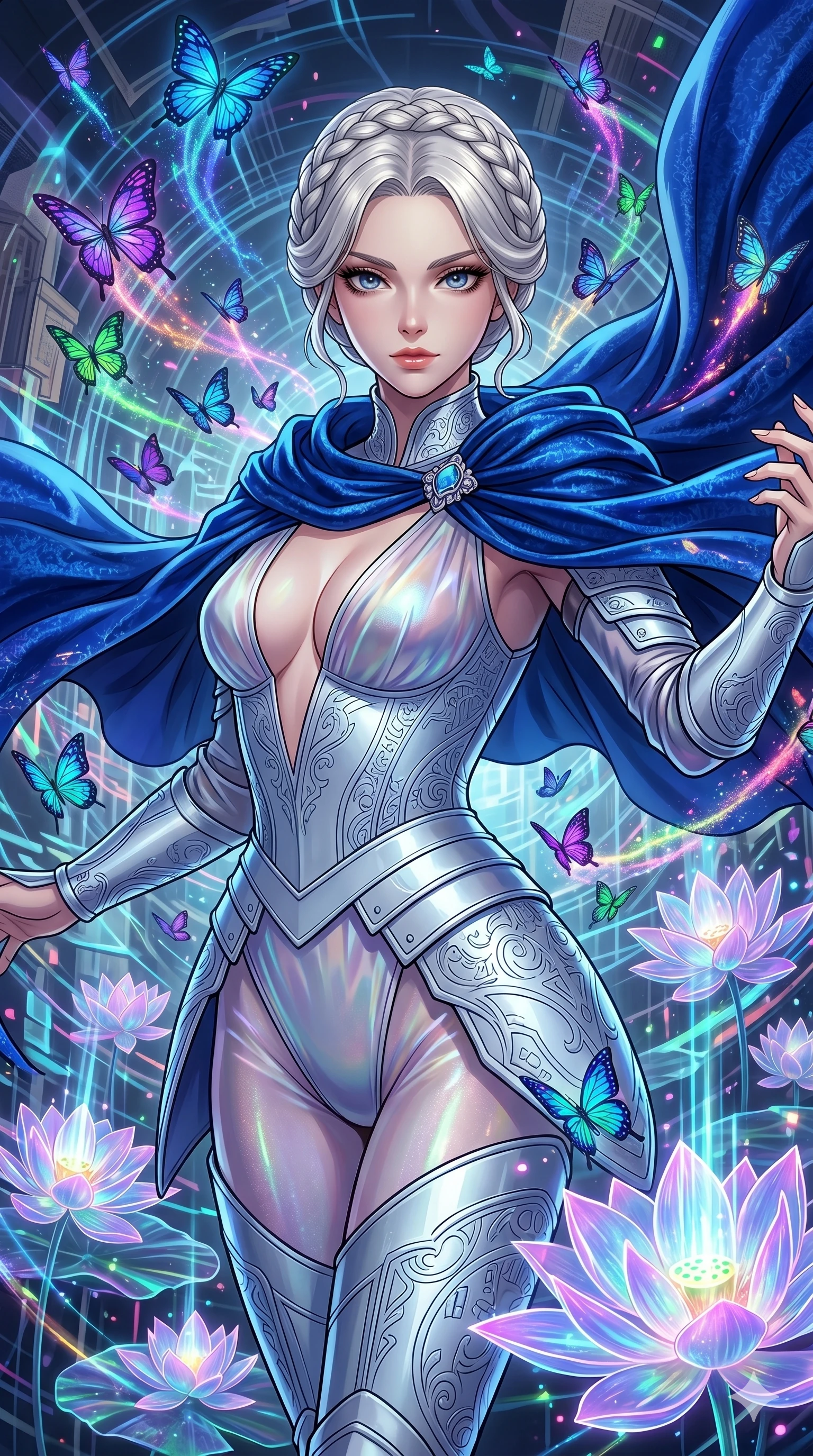score_9, masterpiece, best quality, ultra-detailed, High-budget Anime Keyframe, vibrant colors, fluid line-art, expressive lighting, cinematic composition, Ufotable-style visual effects, top-tier animation quality, Japanese woman with delicate and elegant anime-inspired features. Upper body close-up from the thighs up, character filling the screen for maximum presence. Surrounded by a swarm of digital butterflies that leave trails of neon dust. She has an absolutely perfect 8-heads proportion, an exceptionally tall and slender female figure with impossibly long slender legs and an ultra-slim waist, her statuesque height and towering silhouette dominating the vertical 9:16 frame. Her face is a masterpiece featuring a sharp v-shaped jawline, high-bridge nose, intricate jewel-like eyes with depth, thick eyelashes, and glossy lips with a natural sheen. She is wearing a Form-fitting light silver plate armor with intricate engravings, over a sheer silk bodysuit with a deep plunging neckline, and a royal blue velvet cape.. The scene is set in a digital garden filled with holographic lotus flowers and neon butterflies. 2k, ultra detail, master piece, 9:16 ratio