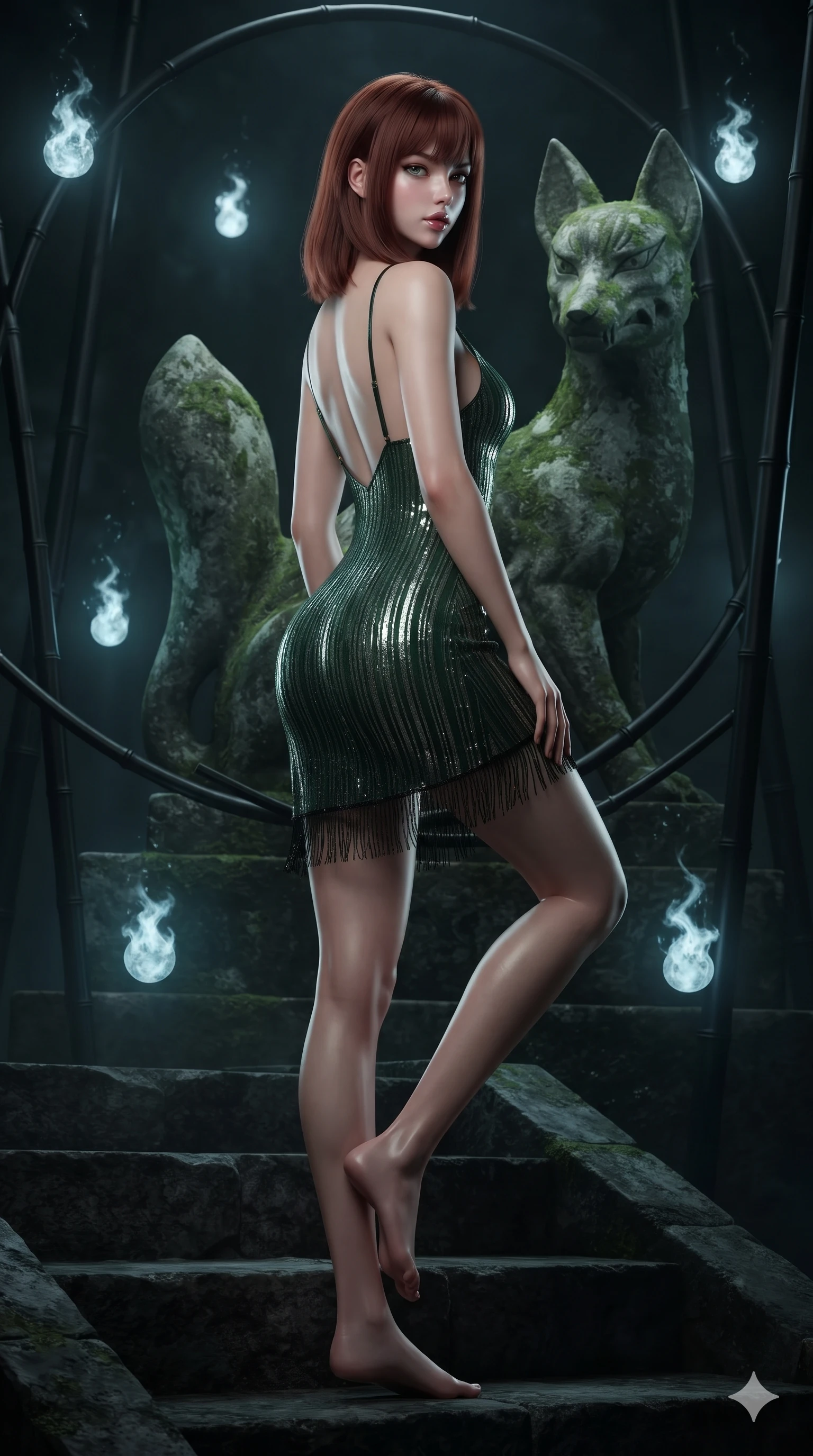 score_9, masterpiece, best quality, ultra-detailed, high-budget anime keyframe, editorial fashion photography, tasteful artistic composition, Caucasian woman. low angle full-body shot from head to toe showing her feet, filling the entire 9:16 vertical frame with her statuesque presence, stretching her vertical silhouette. sitting poised on the dark stone steps with one knee bent, arching her spine with supermodel elegance as she glances upward through thick eyelashes while posing in an alluring rear three-quarter angle beside the weathered moss-covered kitsune, looking over a bare shoulder with parted glossy lips. The surrounding environment is rendered in vivid detail and crisp panoramic clarity: sharp carved stone fox facial contours, green lichen textures, and slender black bamboo node rings in deep focus. She has an absolutely perfect, statuesque 8.5-heads proportion, an exceptionally tall and slender model-like female figure with impossibly long slender legs, an ultra-slim waist, a flat toned midriff, narrow delicate ribcage, and beautifully sculpted feminine hips creating a graceful, slim hourglass silhouette without any bulky heaviness. sharp v-shaped jawline, high-bridge nose, intricate jewel-like dark sparkling eyes with hypnotic seductive depth, thick curled eyelashes, glossy parted lips with a natural wine sheen, alluring bedroom-eyes with an enigmatic smoldering smile, exuding magnetic sovereign charisma and dark avant-garde glamour, flawlessly proportioned anatomical accuracy, strict slender model proportions, natural body alignment, perfectly sculpted long slender limbs, ultra-slim waistline, clean dynamic posture without body distortion. wearing a plunge-front sheer illusion tulle slip dress with liquid platinum ribbon stripes hugging her curves in deep velvet forest green and antique brass, crafted from stretch micro-mesh with metallic foil coating that shimmers in the laser light, finished with delicate jet-black micro-fringe fluttering softly along her hips with each step, accentuating her gracefully sculpted slender torso and statuesque proportions. surrounded by a mysterious dark spiritual aura with sharp edge lighting and pale blue floating spirit fires. ultra-reflective glossy finish, specular highlights, metallic sheen, high-contrast stereoscopic depth, volumetric dynamic lighting, 2k, ultra detail, master piece, 9:16 ratio