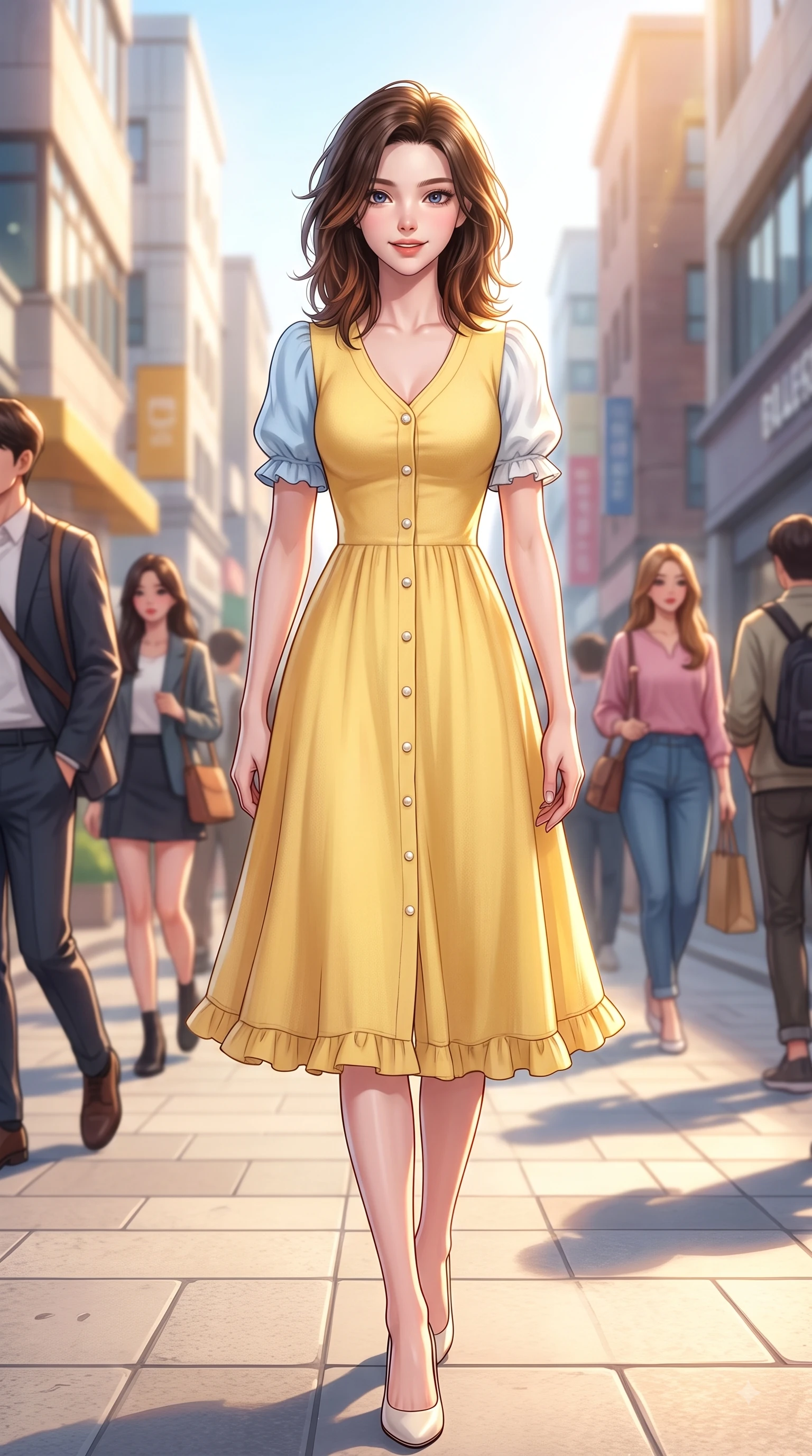 score_9, masterpiece, best quality, ultra-detailed, high-budget anime keyframe, editorial fashion photography, tasteful artistic composition, Korean woman. low angle full-body shot from head to toe showing her feet, filling the entire 9:16 vertical frame with her statuesque presence, stretching her vertical silhouette. stepping forward gracefully in mid-motion with a delighted cute expression, displaying her statuesque model proportions while pivoting in a stylish stride under bright sunbeams on a bustling college town fashion avenue. The composition keeps background elements in soft focus with dreamy bokeh. sunlit urban architecture and stylish passersby blurred seamlessly in the background. She has an absolutely perfect, statuesque 8.5-heads proportion, an exceptionally tall and slender model-like female figure with impossibly long slender legs and an ultra-slim waist. sharp v-shaped jawline, high-bridge nose, intricate jewel-like eyes with depth, thick eyelashes, glossy lips with a natural sheen, flawlessly proportioned anatomical accuracy, natural body alignment, perfectly sculpted elegant limbs, clean dynamic posture without body distortion. wearing a cheerful daffodil-yellow button-front midi dress with short puff sleeves in baby blue and cloud white, knitted from soft cozy cashmere yarn, finished with subtle ruffle trims and delicate pearl buttons, the relaxed yet flattering fit accentuating her naturally graceful and slender figure. bathed in bright golden hour sunshine and warm urban ambient illumination. highly saturated vibrant anime colors, detailed shading with soft gradients, rich glossy textures, high-contrast stereoscopic depth, volumetric dynamic lighting, master piece, 9:16 ratio