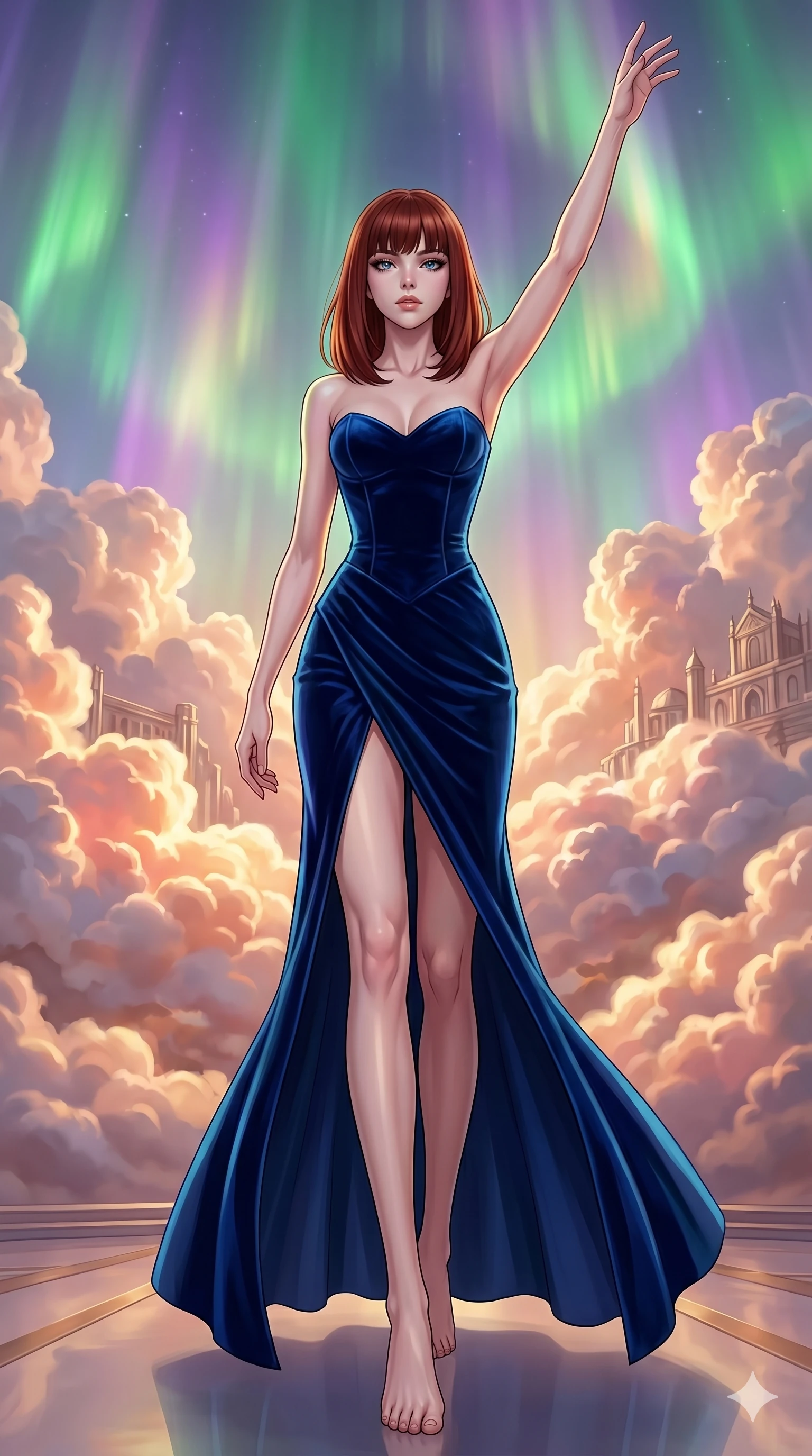 score_9, masterpiece, best quality, ultra-detailed, high-budget anime keyframe, editorial fashion photography, tasteful artistic composition, Caucasian woman, strictly human ears. low angle full-body shot from head to toe showing her feet, filling the entire 9:16 vertical frame with her statuesque presence, stretching her vertical silhouette. Gliding forward with one arm sweeping upward toward the sky inside a luminous cloud palace where cumulus formations glow with amber and rose from within. She has an absolutely perfect 8-heads proportion, an exceptionally tall and slender female figure with impossibly long slender legs and an ultra-slim waist. V-shaped jawline, high-bridge nose, intricate jewel-like eyes with depth, thick eyelashes, glossy lips with a natural sheen. wearing a deep sapphire velvet floor-length gown with a fitted structured strapless bodice and a bold front slit ascending to mid-thigh, revealing one long elegant leg with every graceful stride. illuminated by a shifting aurora palette of green, violet, and gold from above, wrapping her in color. 2k, ultra detail, master piece, 9:16 ratio