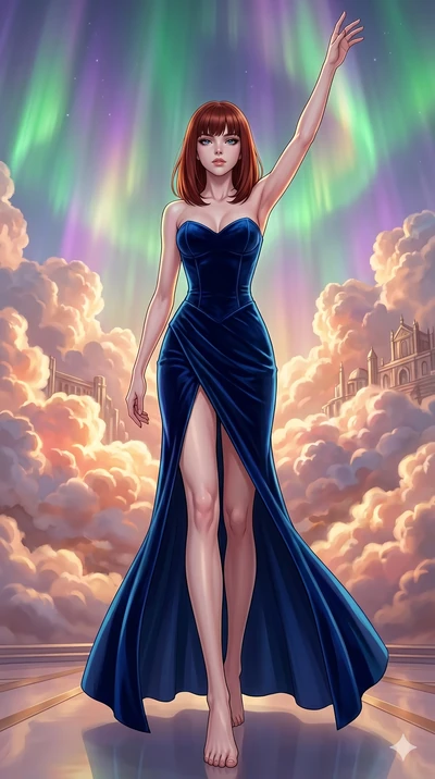 score_9, masterpiece, best quality, ultra-detailed, high-budget anime keyframe, editorial fashion photography, tasteful artistic composition, Caucasian woman, strictly human ears. low angle full-body shot from head to toe showing her feet, filling th