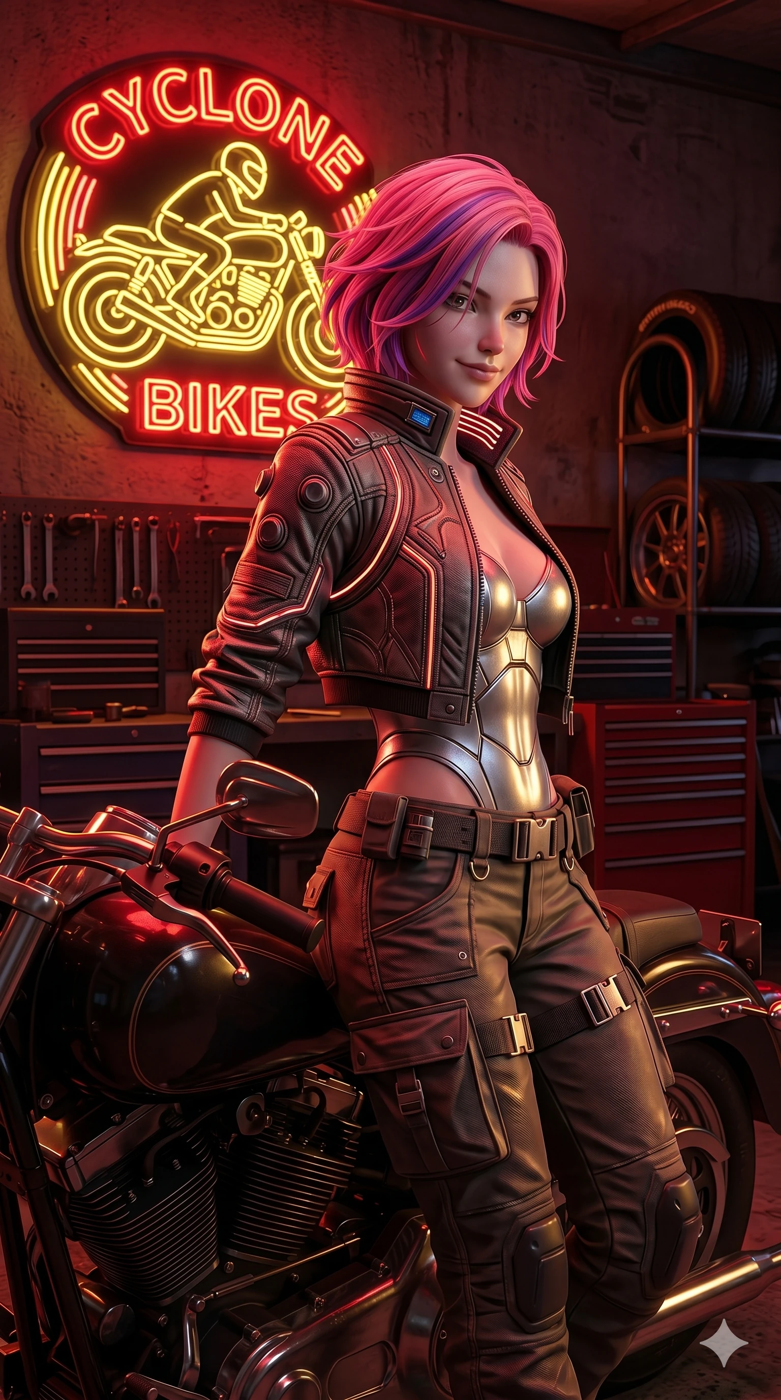 score_9, masterpiece, best quality, ultra-detailed, high-budget anime keyframe, semi-realistic 3D game render, Caucasian woman, strictly human ears. Upper body close-up from the thighs up, character filling the screen for maximum presence. Standing next to a retro neon motorcycle sign in a garage, leaning against her motorcycle, looking back with a confident smile. She is wearing a cropped cyber-jacket over a silver bodice and cargo pants with belt. The scene is lit by the red and yellow glow of the neon motorcycle sign. 2k, ultra detail, master piece, 9:16 ratio