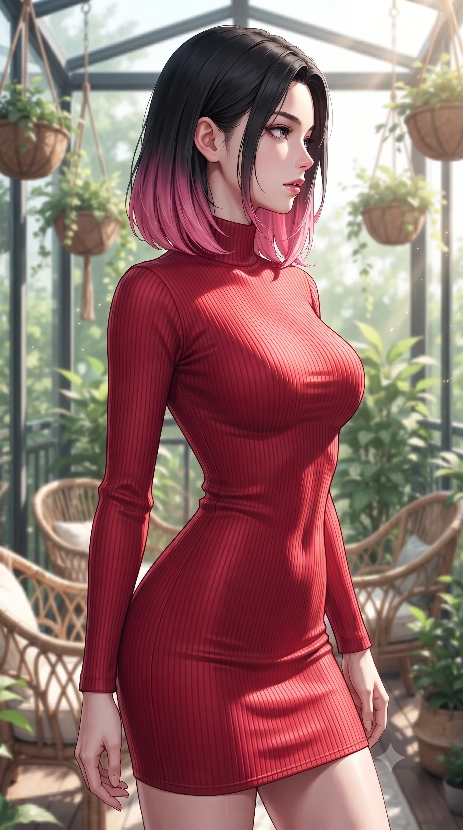 score_9, masterpiece, best quality, ultra-detailed, high-budget anime keyframe, editorial fashion photography, tasteful artistic composition, Korean woman woman. close-up cowboy shot from the waist and thighs up, the character dominates the composition, filling the frame with her large presence, background elements kept in soft focus. turning her face in sharp profile, casting a cold, mysterious, yet intensely alluring side gaze, the background shows a soft-focus a glass-walled balcony filled with hanging plant baskets and rattan chairs. She has an exceptionally elegant, slender, and willowy female figure with an ultra-slim waist, a gracefully sculpted slender torso, and a refined silhouette. sharp v-shaped jawline, high-bridge nose, intricate jewel-like eyes with depth, thick eyelashes, glossy lips with a natural sheen. wearing a tailored body-hugging ribbed bodycon dress in crimson red, detailed with a tight mock-neck. bright afternoon sun rays illuminating the entire green space. ultra-reflective glossy finish, specular highlights, metallic sheen, high-contrast stereoscopic depth, volumetric dynamic lighting, 2k, ultra detail, master piece, 9:16 ratio