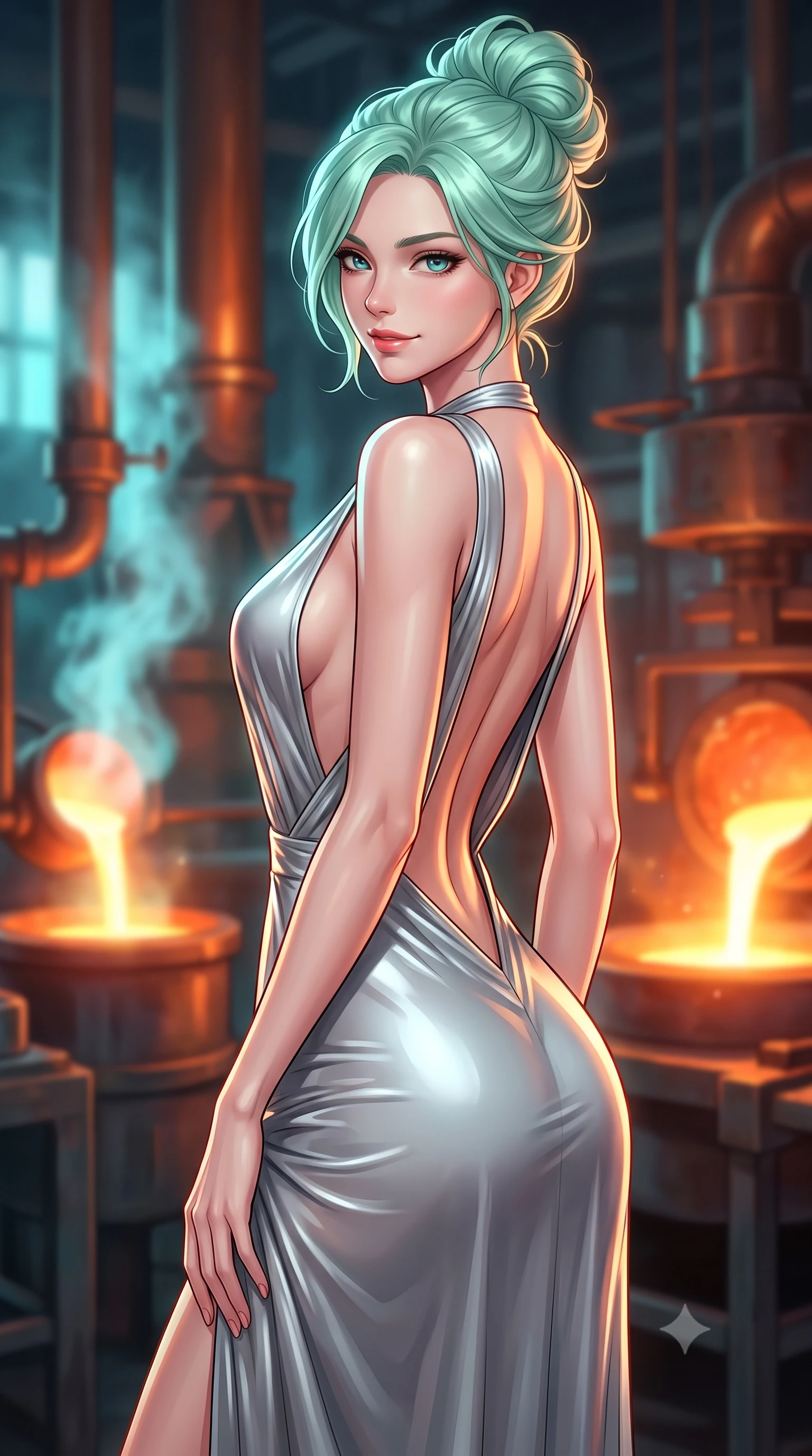 score_9, masterpiece, best quality, ultra-detailed, high-budget anime keyframe, editorial fashion photography, tasteful artistic composition, Japanese woman woman. close-up cowboy shot from the waist and thighs up, the character dominates the composition, filling the frame with her large presence, background elements kept in soft focus. She has an exceptionally elegant, slender, and willowy female figure with an ultra-slim waist, a gracefully sculpted slender torso, and a refined silhouette. glancing sidelong over her shoulder with a smoldering, magnetic half-smile, flawlessly proportioned anatomical accuracy, natural body alignment, perfectly sculpted elegant limbs, clean dynamic posture without body distortion. set against a soft-focus background of a copper pipe industrial foundry with liquid aurora crucibles. wearing a deep plunging V-neck maxi dress in liquid silver jersey with a daring open-back. bathed in intense orange furnace light clashing with cool cyan steam highlights. highly saturated vibrant anime colors, detailed shading with soft gradients, rich glossy textures, high-contrast stereoscopic depth, volumetric dynamic lighting, master piece, 9:16 ratio