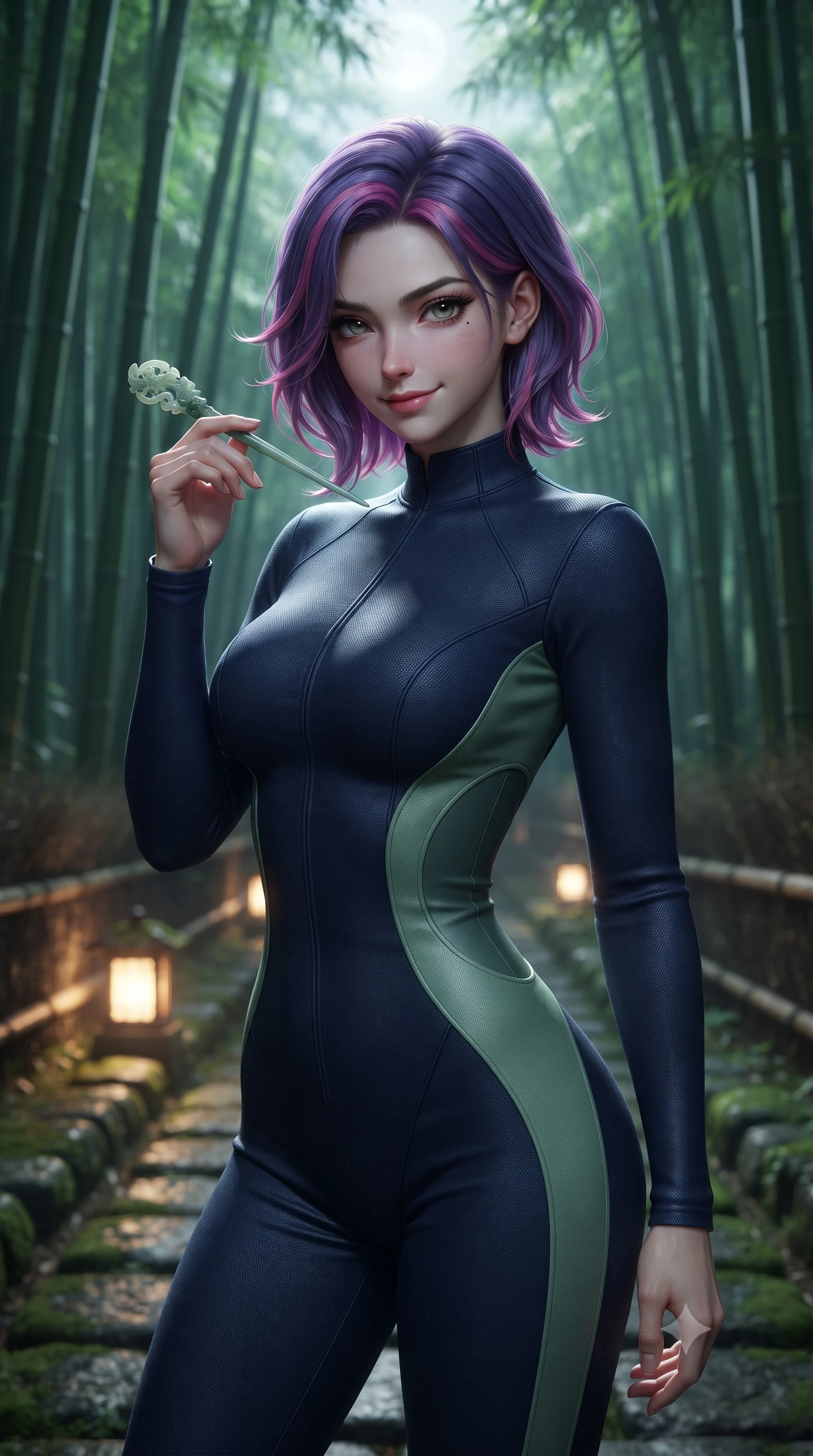 score_9, masterpiece, best quality, ultra-detailed, high-budget anime keyframe, editorial fashion photography, tasteful artistic composition, Caucasian woman, strictly human ears. close-up cowboy shot from the waist and thighs up, the character dominates the composition, filling the frame with her large presence, background elements kept in soft focus. Holding a delicate object up near her face while gazing at the viewer with a knowing smile. set against a soft-focus background of a perfectly maintained bamboo grove walkway under full moonlight with towering green bamboo stalks creating a natural cathedral stone path with embedded lanterns and soft moss underfoot. She has an exceptionally elegant and slender, willowy female figure with an ultra-slim waist, a gracefully sculpted slender torso, and a refined slim physique. sharp v-shaped jawline, high-bridge nose, intricate jewel-like eyes with depth, thick eyelashes, glossy lips with a natural sheen. wearing a form-fitting catsuit in deep navy, with strategic sage green side panels that accentuate her slender waist. silvery full moonlight filtering through the dense bamboo canopy creating vertical stripes of light and shadow with warm amber glow from stone path lanterns providing accent. 2k, ultra detail, master piece, 9:16 ratio