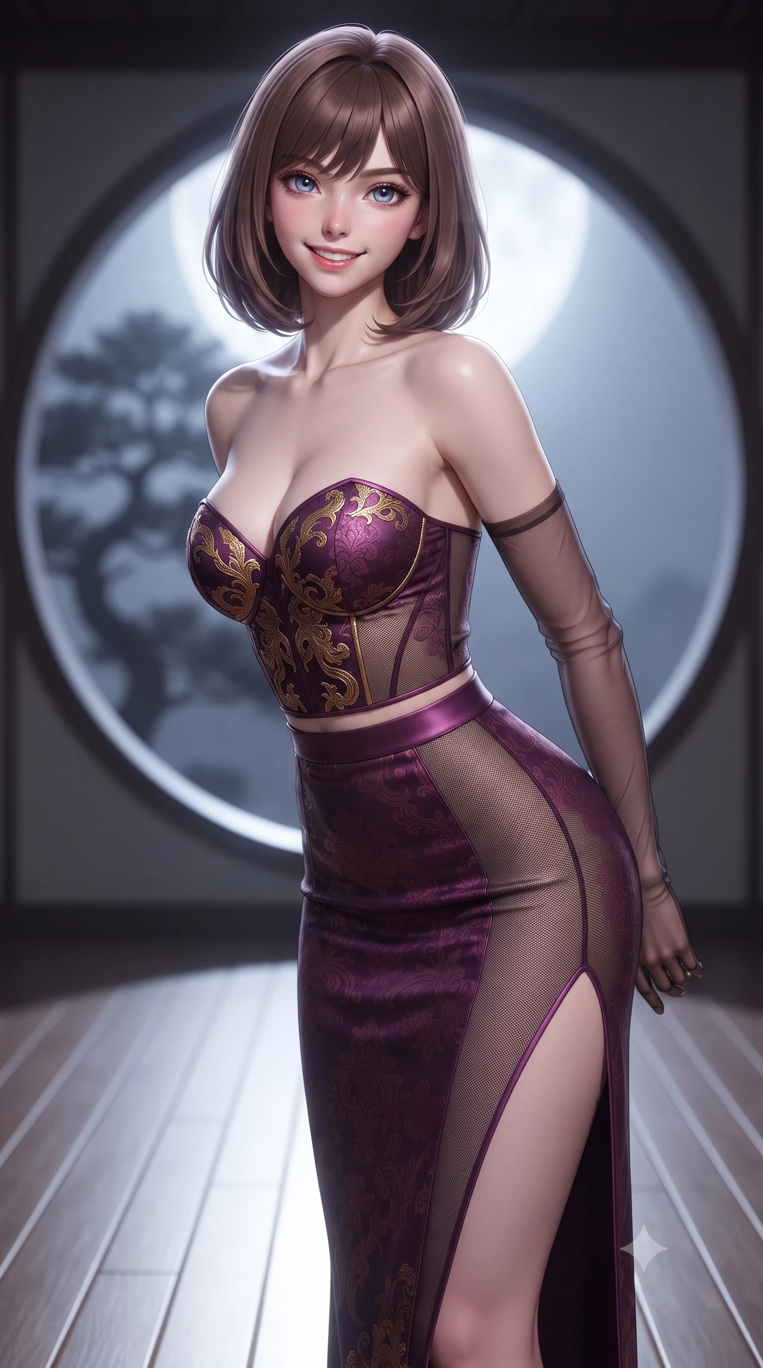score_9, masterpiece, best quality, ultra-detailed, high-budget anime keyframe, editorial fashion photography, tasteful artistic composition, Caucasian woman. close-up cowboy shot from the waist and thighs up, the character dominates the composition, filling the frame with her large presence. resting both hands lightly behind her back while leaning toward the lens with a cheerful, teasing grin, her form-fitting fusion dress hugging her narrow waist and hip curve while twisting her slender torso in an alluring contrapposto stance on the polished cedar engawa veranda, moonbeams tracing her narrow waist and hips. The background shows a soft-focus a single sculpted Japanese black pine silhouette softened in contemplative minimalist Zen shallow focus. She has an exceptionally elegant, slender, and willowy female figure with an ultra-slim waist, flat toned midriff, narrow ribcage, and sculpted feminine hips creating an alluring, slim hourglass silhouette without bulk. sharp v-shaped jawline, high-bridge nose, intricate jewel-like dark sparkling almond eyes with depth, thick lashes, glossy parted lips with a natural rose-plum sheen, bright alluring and coquettish smile with bedroom-eyes, exuding both timeless oriental elegance and sovereign high-fashion allure, flawlessly proportioned anatomical accuracy, strict slender model proportions, natural body alignment, perfectly sculpted long slender limbs, ultra-slim waistline, clean dynamic posture without body distortion. wearing a sweetheart-neckline oriental jacquard bustier top paired with a curve-hugging high-slit mermaid maxi skirt in rich plum violet and gilded bronze embroidery, made of sheer technical micro-mesh with contouring shadow effects, complemented by delicate sheer silk fingerless gloves reaching past her elbows, the glove-like silhouette tightly following the natural contour of her hips and long slender legs with youthful 8.5-heads elegance. bathed in pristine silver moonlight pouring through the circular moon-gate aperture. ultra-reflective glossy finish, specular highlights, rich textural contrasts, high-contrast stereoscopic depth, volumetric dynamic lighting, 2k, ultra detail, master piece, 9:16 ratio
