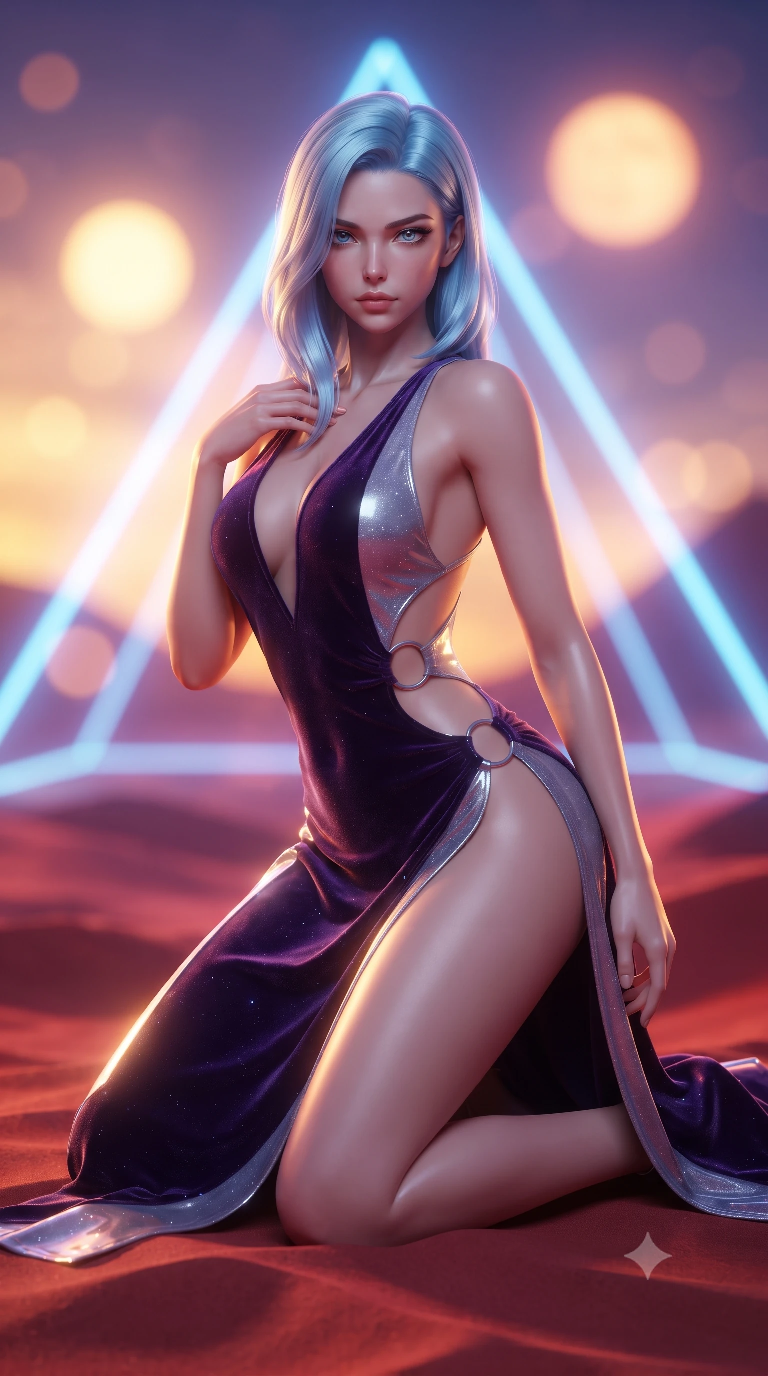 score_9, masterpiece, best quality, ultra-detailed, high-budget anime keyframe, editorial fashion photography, tasteful artistic composition, Korean woman. close-up cowboy shot from the waist and thighs up, the character dominates the composition, filling the frame with her large presence. leaning forward with a dangerous, enticing smolder, resting one hand near her collarbone while casting a fiery, magnetic direct gaze while kneeling gracefully atop a crimson sand dune as twin alien suns set behind a giant neon wireframe pyramid. The composition keeps background elements in soft focus with creamy bokeh. giant glowing neon pyramid wireframes and twin setting suns blurred into radiant amber and violet bokeh. She has an exceptionally elegant, slender, and willowy female figure with an ultra-slim waist, a gracefully sculpted slender torso, and a refined silhouette. sharp v-shaped jawline, high-bridge nose, intricate jewel-like eyes with depth, thick eyelashes, glossy lips with a natural sheen, flawlessly proportioned anatomical accuracy, natural body alignment, perfectly sculpted elegant limbs, clean dynamic posture without body distortion. wearing a backless crushed velvet gown with a deep V-neckline, strategic hip cutouts, and an ultra-high thigh slit in dark amethyst purple and shimmering starlight silver, formed from high-gloss patent material with specular light reflections, detailed with polished silver rings connecting the daring side-waist cutouts, the form-contouring second-skin material highlighting her ultra-slim waist and long lines. bathed in blazing golden-amber sunset radiance and glowing electric blue neon pyramid backlighting. ultra-reflective glossy finish, specular highlights, metallic sheen, high-contrast stereoscopic depth, volumetric dynamic lighting, 2k, ultra detail, master piece, 9:16 ratio