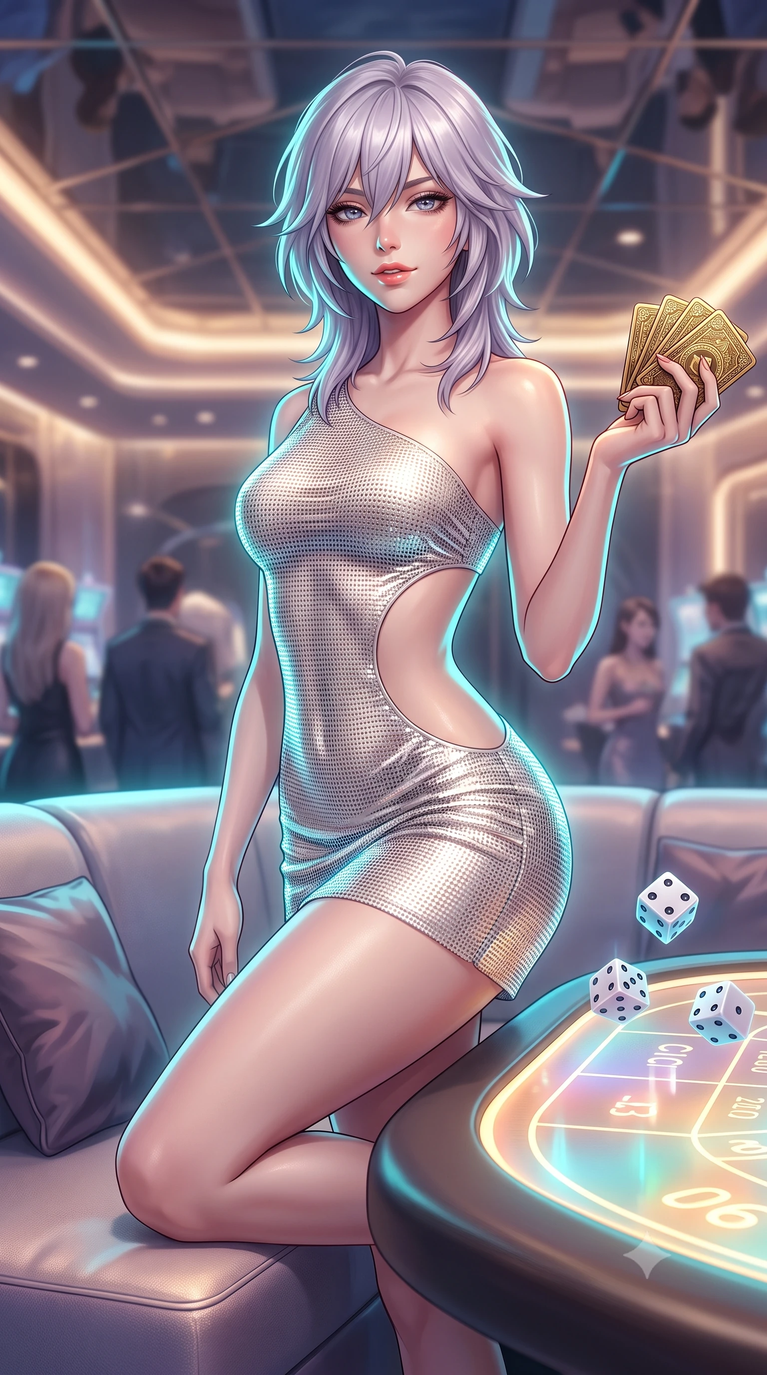 score_9, masterpiece, best quality, ultra-detailed, high-budget anime keyframe, semi-realistic 3D game render, editorial fashion photography, tasteful artistic composition, Japanese woman. close-up cowboy shot from the waist and thighs up, the character dominates the composition, filling the frame with her large presence. perched sideways on the lounge seat, one knee drawn up to showcase her slender leg line while her arched back accentuates her feminine hip curve while standing poised at the holographic dice table, arching her spine with seductive poise as floating digital dice roll in mid-air. The background shows a soft-focus mirrored ceiling panels softened in futuristic cyberpunk shallow focus. She has an exceptionally elegant, slender, and willowy female figure with an ultra-slim waist, flat toned midriff, narrow ribcage, and sculpted feminine hips creating an alluring, slim hourglass silhouette without bulk. sharp v-shaped jawline, high-bridge nose, sparkling eyes with hypnotic seductive depth, thick curled eyelashes, glossy parted lips with a natural dewy peach sheen, alluring bedroom-eyes with an enchanting coquettish smile, exuding magnetic siren charisma and sophisticated glamour, flawlessly proportioned anatomical accuracy, strict slender model proportions, natural body alignment, perfectly sculpted long slender limbs, ultra-slim waistline, clean dynamic posture without body distortion. wearing an asymmetric one-shoulder metallic cocktail mini dress with a dramatic side cutout hugging her waist and hips in pure pearl alabaster with liquid platinum sheen, crafted from shimmering fluid chainmail mesh reflecting ambient casino lights, accented with a stack of engraved gold casino plaques held loosely in one hand, the liquid-tight tailored fabric clinging flawlessly to her narrow waist and rounded feminine hips, emphasizing every millimeter of her sculpted slim hourglass curves without any bulky heaviness. illuminated by holographic glow fill and sharp electric-cyan rim lights defining her razor-sharp jawline, narrow waist, and curvy hips. highly saturated vibrant anime colors, detailed shading with soft gradients, rich glossy textures, high-contrast stereoscopic depth, volumetric dynamic lighting, master piece, 9:16 ratio