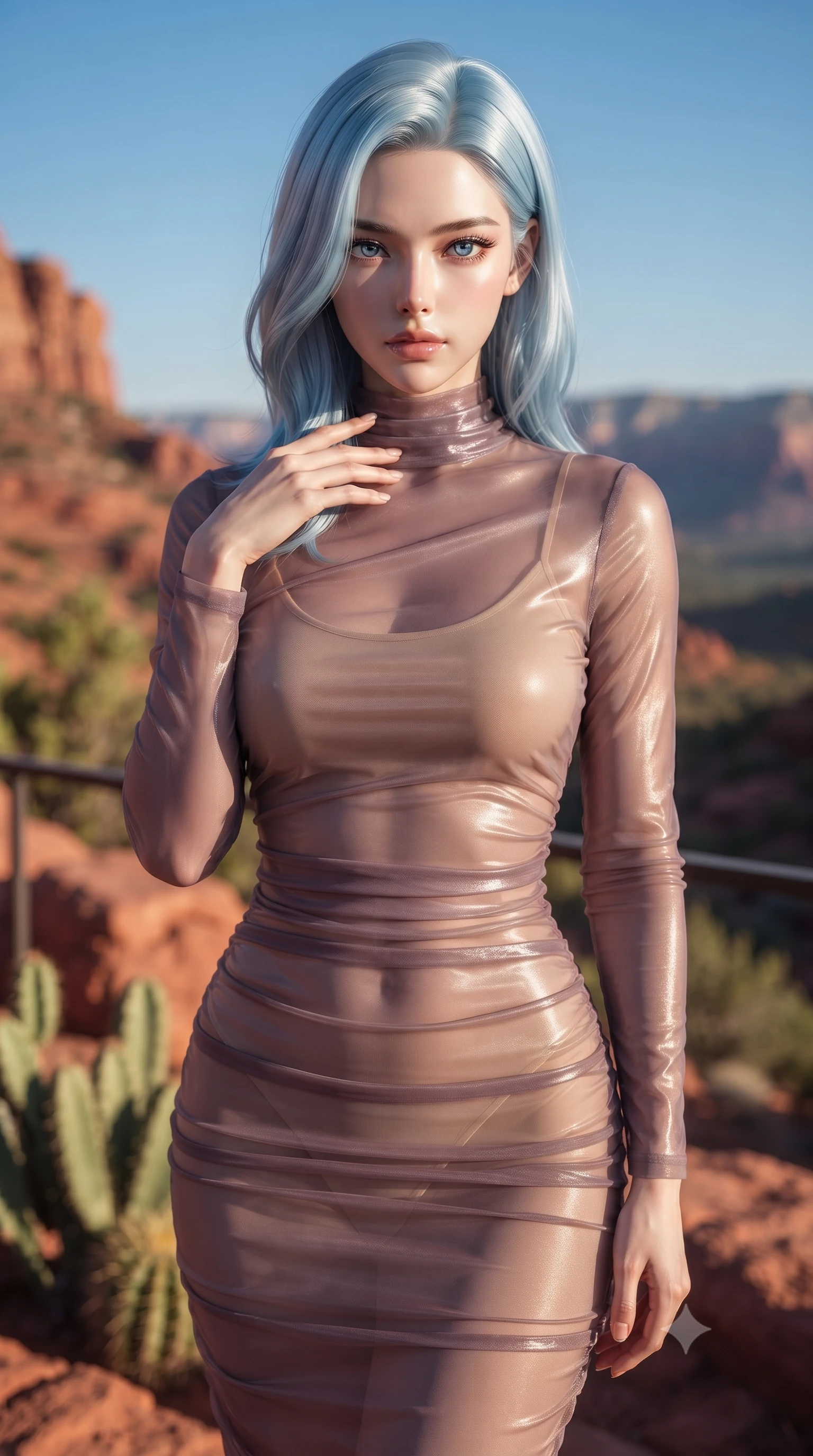 score_9, masterpiece, best quality, ultra-detailed, high-budget anime keyframe, editorial fashion photography, tasteful artistic composition, Korean woman. close-up cowboy shot from the waist and thighs up, the character dominates the composition, filling the frame with her large presence, background elements kept in soft focus. standing with one hand resting on her collarbone, looking at the viewer with bedroom-eyes the background shows a soft-focus a private deck overlooking a red sand canyon at sunrise with clear skies. She has an exceptionally elegant, slender, and willowy female figure with an ultra-slim waist, a gracefully sculpted slender torso, and a refined silhouette. sharp v-shaped jawline, high-bridge nose, intricate jewel-like eyes with depth, thick eyelashes, glossy lips with a natural sheen. wearing a body-hugging sheer organza dress in dusty mauve, showing her slender torso and willowy silhouette. bright morning sun highlighting the red rocks and green cacti in vivid tones. ultra-reflective glossy finish, specular highlights, metallic sheen, high-contrast stereoscopic depth, volumetric dynamic lighting, 2k, ultra detail, master piece, 9:16 ratio