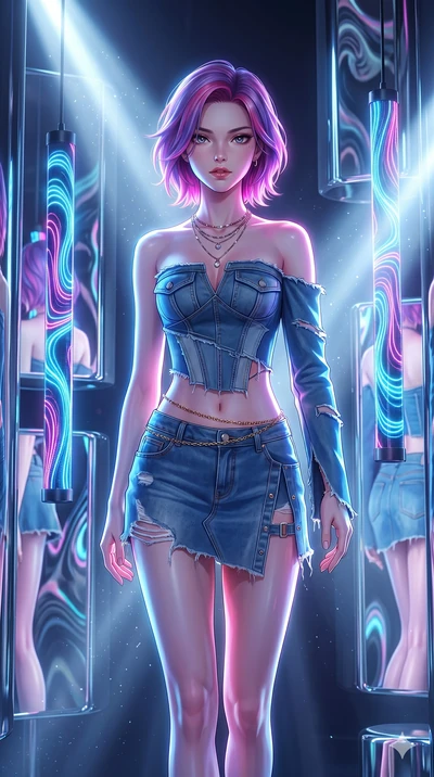 score_9, masterpiece, best quality, ultra-detailed, high-budget anime keyframe, Japanese woman. upper body close-up from the thighs up, character filling the screen for maximum presence. navigating a kinetic light-sculpture mirror maze, passing betwe